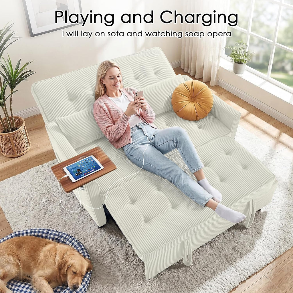 Sleeper Sofa Bed, 54'' Convertible Pull Out Couch with Small Table| USB Port | Stand Table | Corduroy Fabric | Adjustable Backrest for Apartment, Office, Bedroom, Guest Room (Beige)