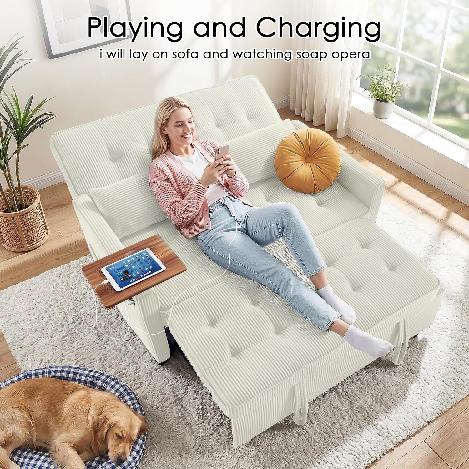 Sleeper Sofa Bed, 54'' Convertible Pull Out Couch with Small Table| USB Port | Stand Table | Corduroy Fabric | Adjustable Backrest for Apartment, Office, Bedroom, Guest Room (Beige)