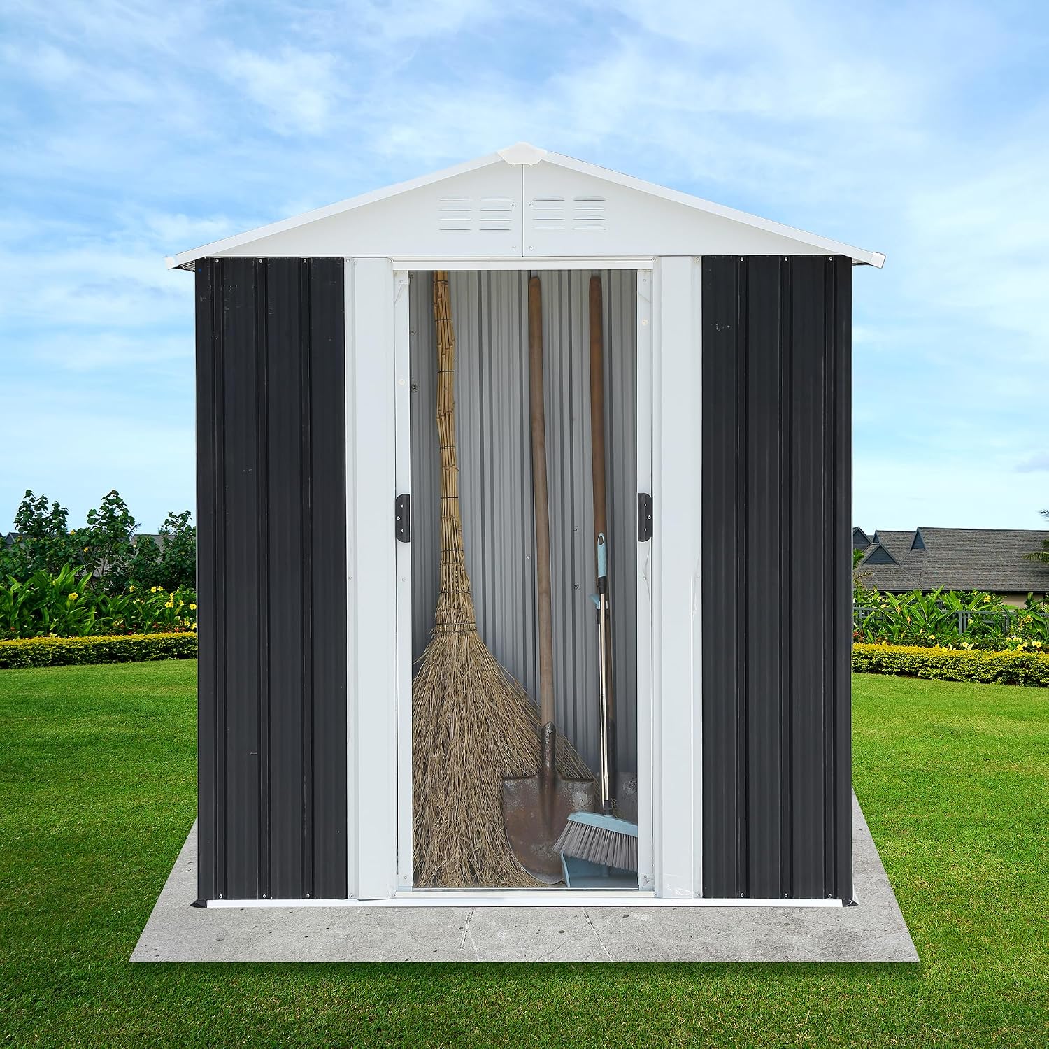 KEIKI 5x3FT Outdoor Storage Shed, Heavy-Duty Metal Storage Shed with Floor & Lockable Sliding Doors, Waterproof Tool Sheds for Garden, Backyard, Patio, Lawn