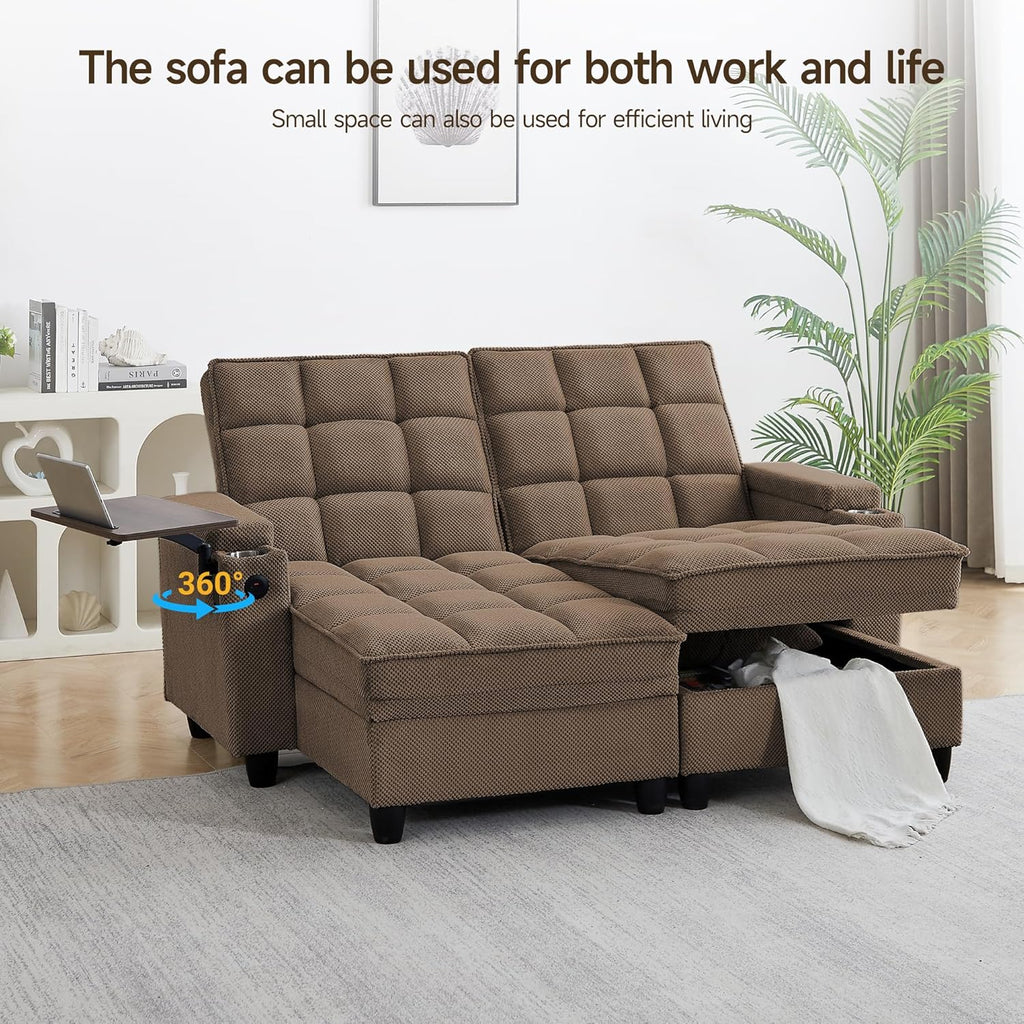 oaaktu 70.9'' Double Chaise Lounge with 360 Degree rotatable Side Table, Comfy Corduroy Indoor Lounge Chair with Armrest Storage, Cup Holder, USB Port, and Pillow for Living Room or Bedroom (Coffee)