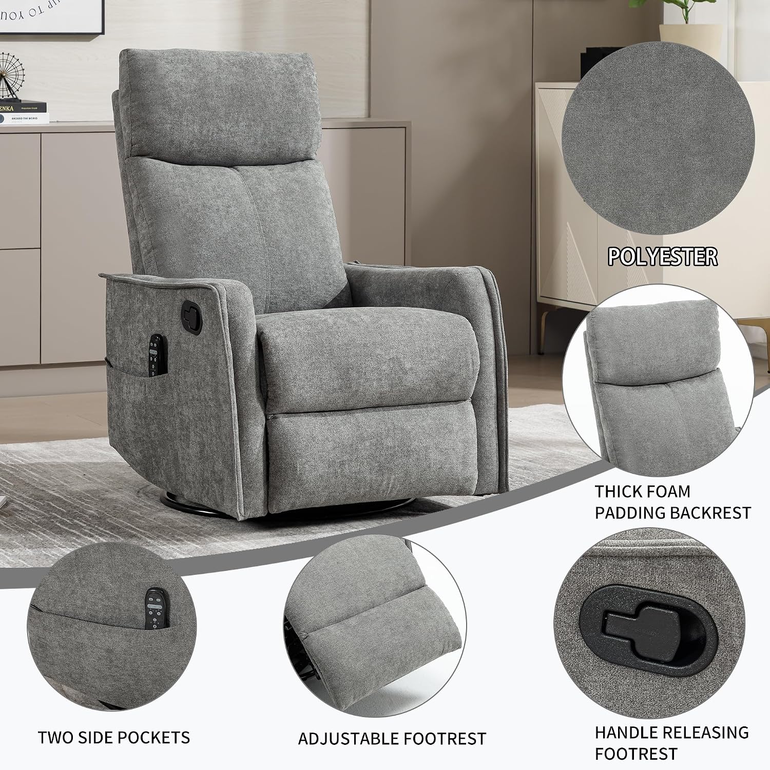 Massage Chair Recliner with Heat, 360° Swivel Glider Rocker with Reclining Backrest and Footrest, Manual Lazy Boy Recliners for Adults, Modern Nursery Rocking Chairs (Grey)