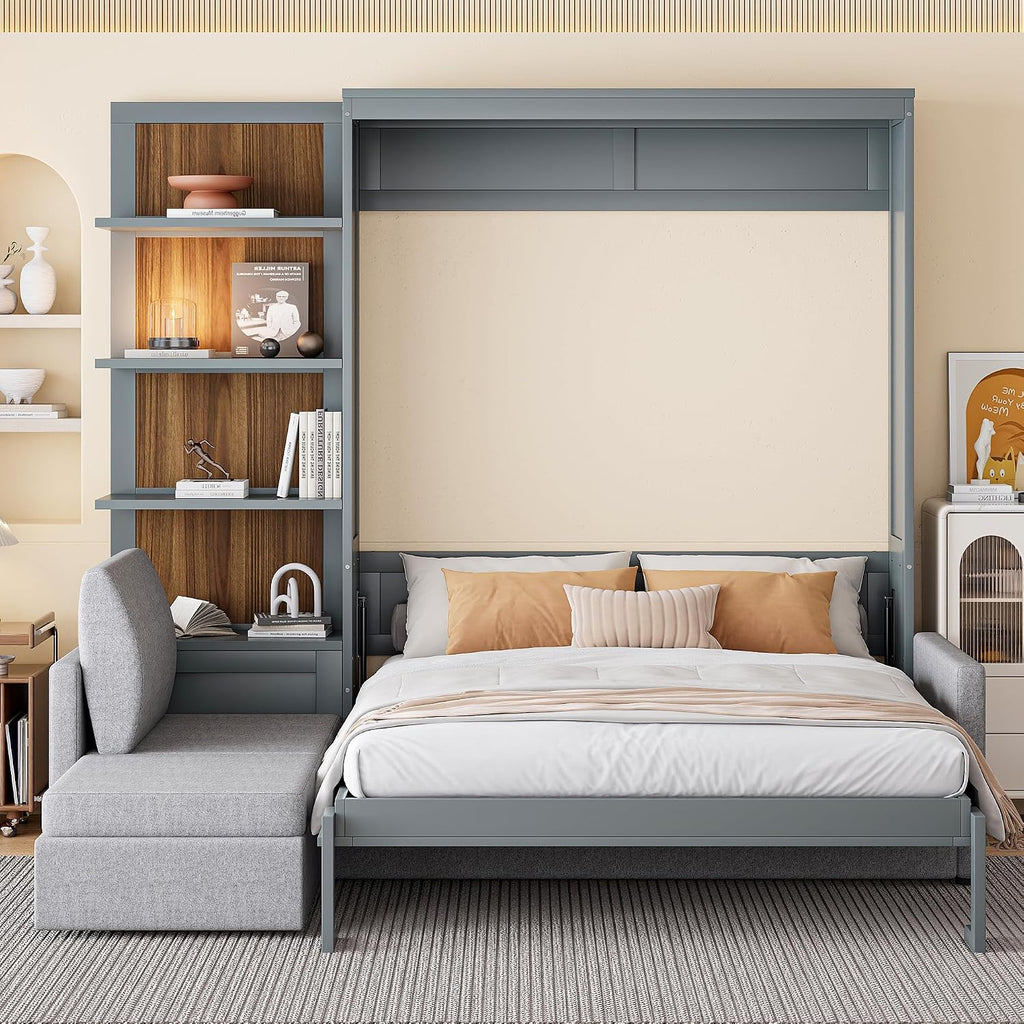 Merax Queen Murphy Bed with Sofa, Wood Folding Wall Bedframe with Soft Couch and Shelves, for Guest Room, Home Office or Small Bedroom, Grey
