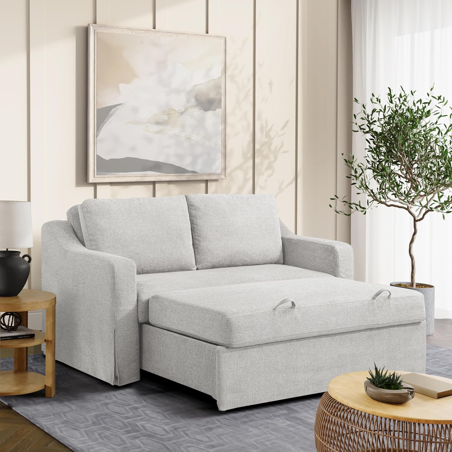 Serta Hawthorne 66.1' Slipcovered Convertible Sleeper Loveseat, Full Size, Dreamcoil Comfort, FingerGuard Pinch Point Protection, Polyester Tweed Fabric, Linen