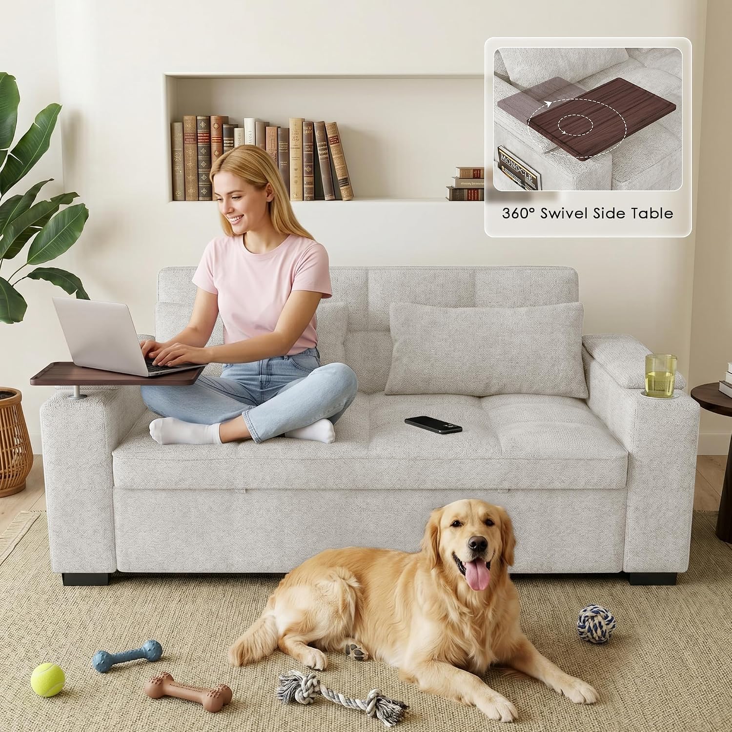 68'' Sleeper Sofa Bed, Pull Out Couch with 360° Swivel Side Table | USB Port | Adjustable Backrest | Cup Holder | Chenille Fabric Loveseat for Living Room, Apartment, Office (Beige)