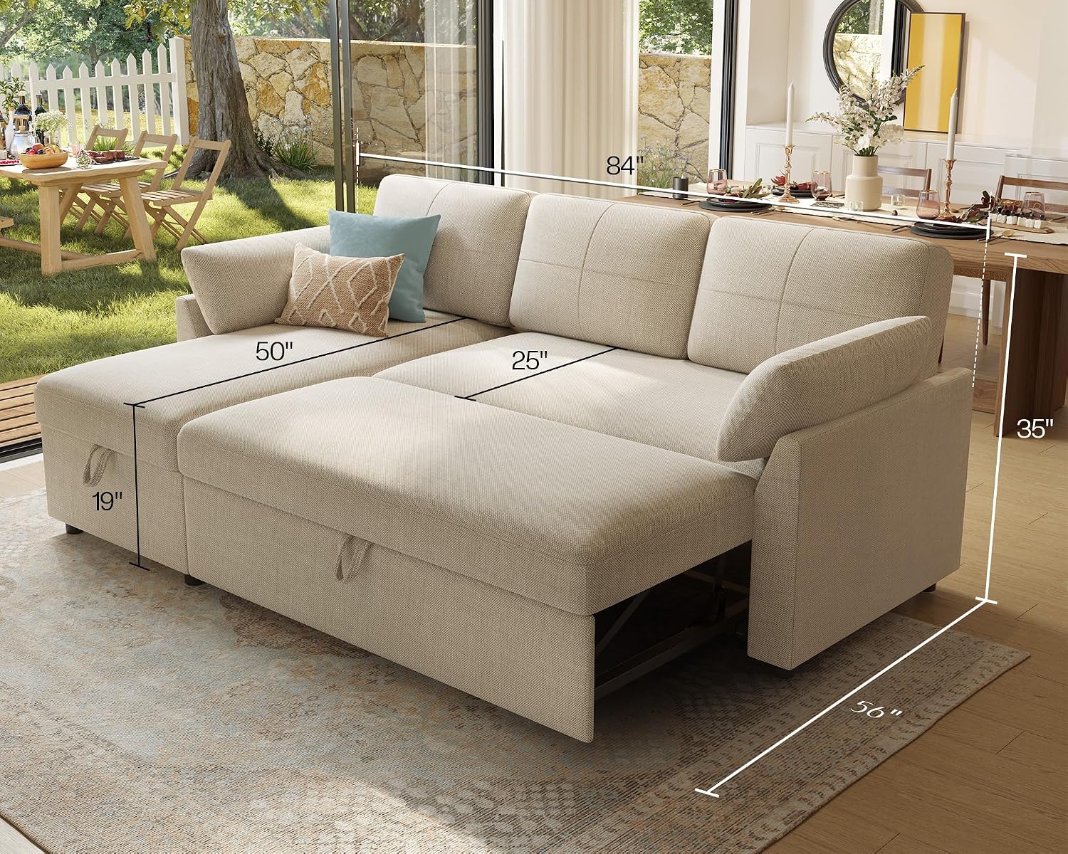 PaPaJet Sofa Bed, Sleeper Sofa with Storage Chaise, L Shaped Sofa with Pull Out Bed, Oversized Sofas for Living Room, Beige