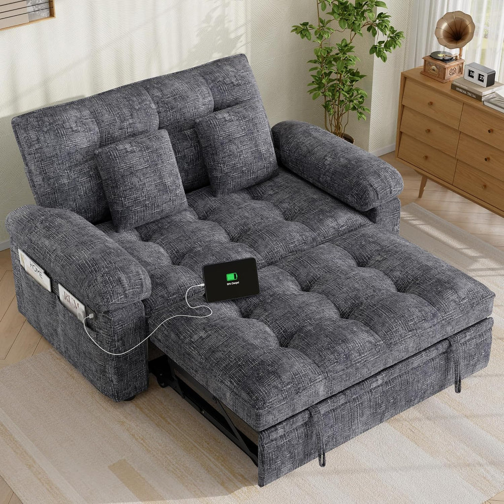 Keyluv 59' Loveseat Sleeper Sofa with USB Ports & Side Pockets, 3 in 1 Convertible Sofa Bed for Living Room/RVs/Camper, Pull Out Couch with Adjustable Backrest, Chenille Grey