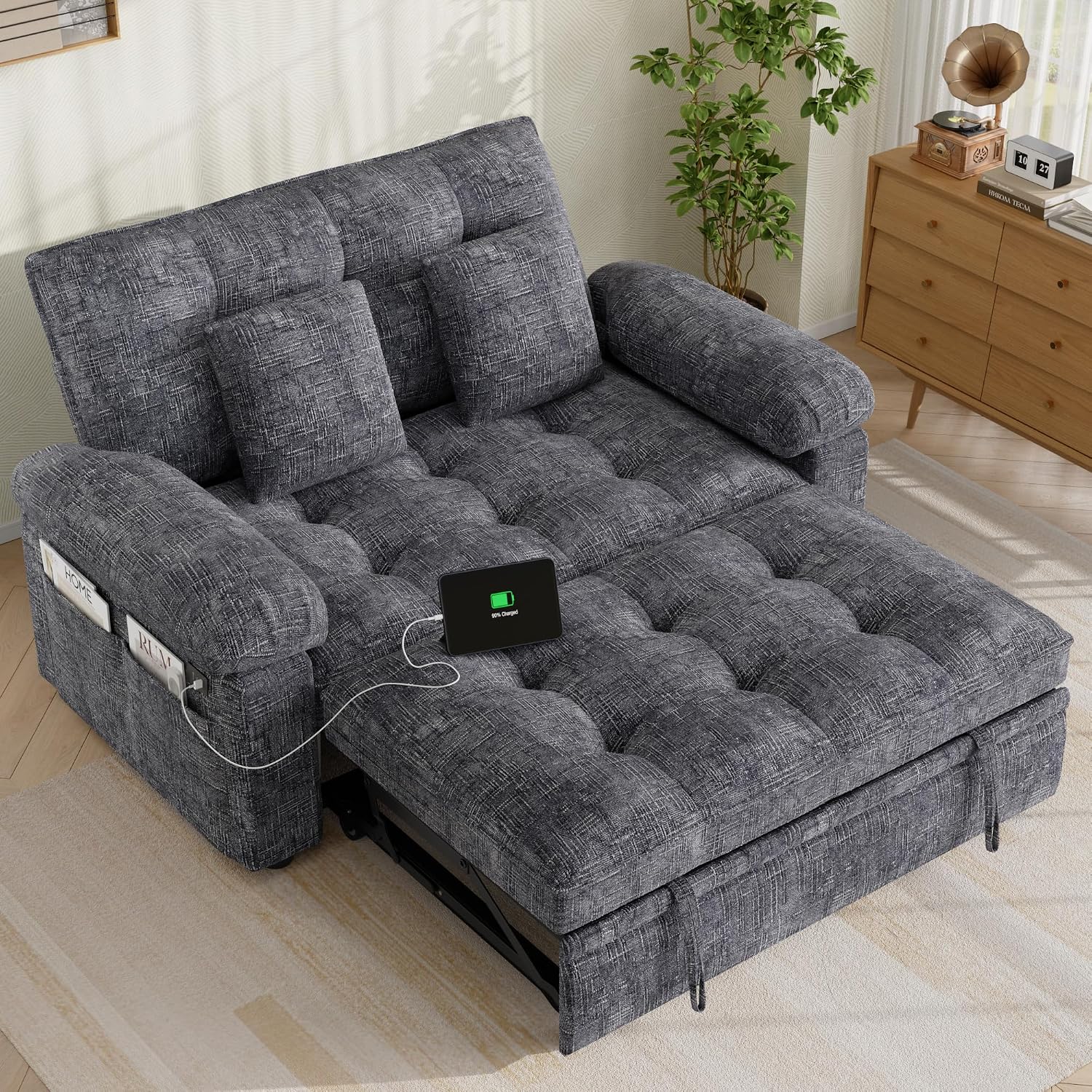 Keyluv 59' Loveseat Sleeper Sofa with USB Ports & Side Pockets, 3 in 1 Convertible Sofa Bed for Living Room/RVs/Camper, Pull Out Couch with Adjustable Backrest, Chenille Grey