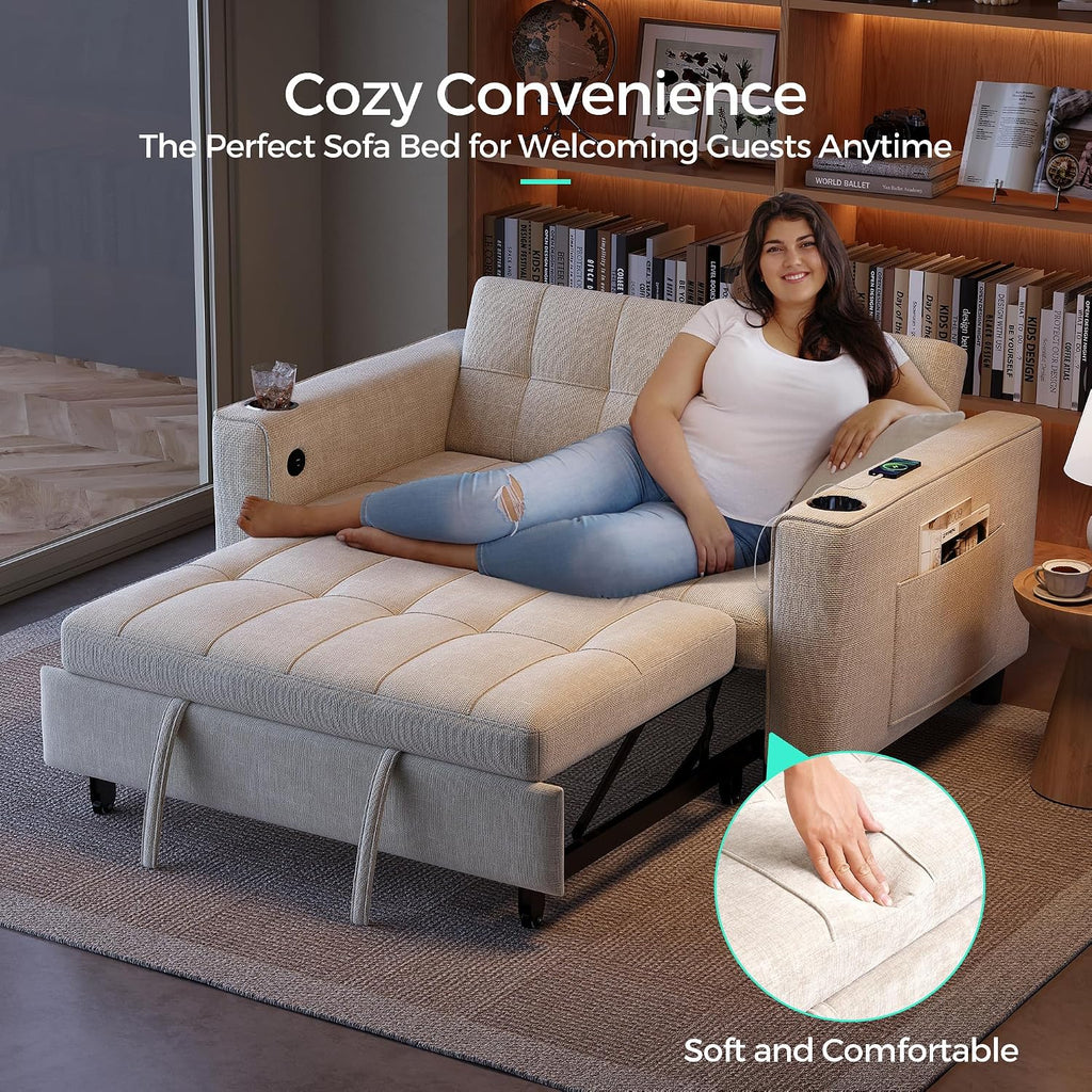 LINSY 3-in-1 Convertible Sofa Bed, 54' Pull Out Sleeper Sofa with Charging Station & Cup Holder, Small Folding Loveseat with Side Pocket for Small Space, Corduroy Couch, Beige