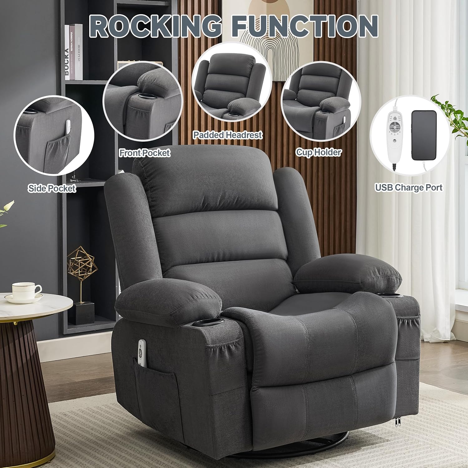 Rocker Recliner Chair with Heat and Massage, 360° Swivel Nursery Rocking Chairs for Adults, Oversized Recliner Single Sofa Seat with Cup Holders, Lazy Boy Recliner Single Sofa (Manual, Darkgrey)