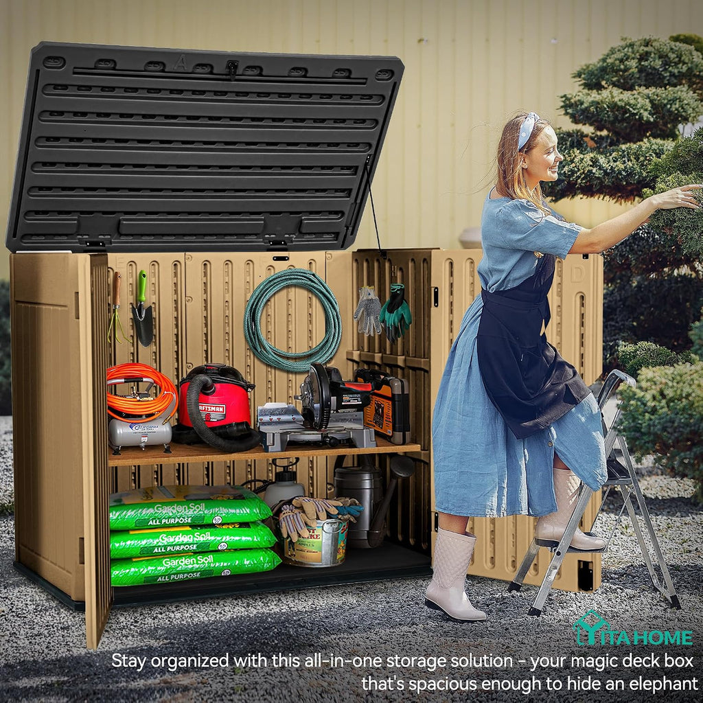 YITAHOME Extra Large Outdoor Horizontal Storage Shed, 4.5x4ft Resin Tool Sheds w/o Shelf, Easy to Assemble Waterproof Storage for Trash Cans, Garden Tools, Lawn Mower, Lockable, Brown