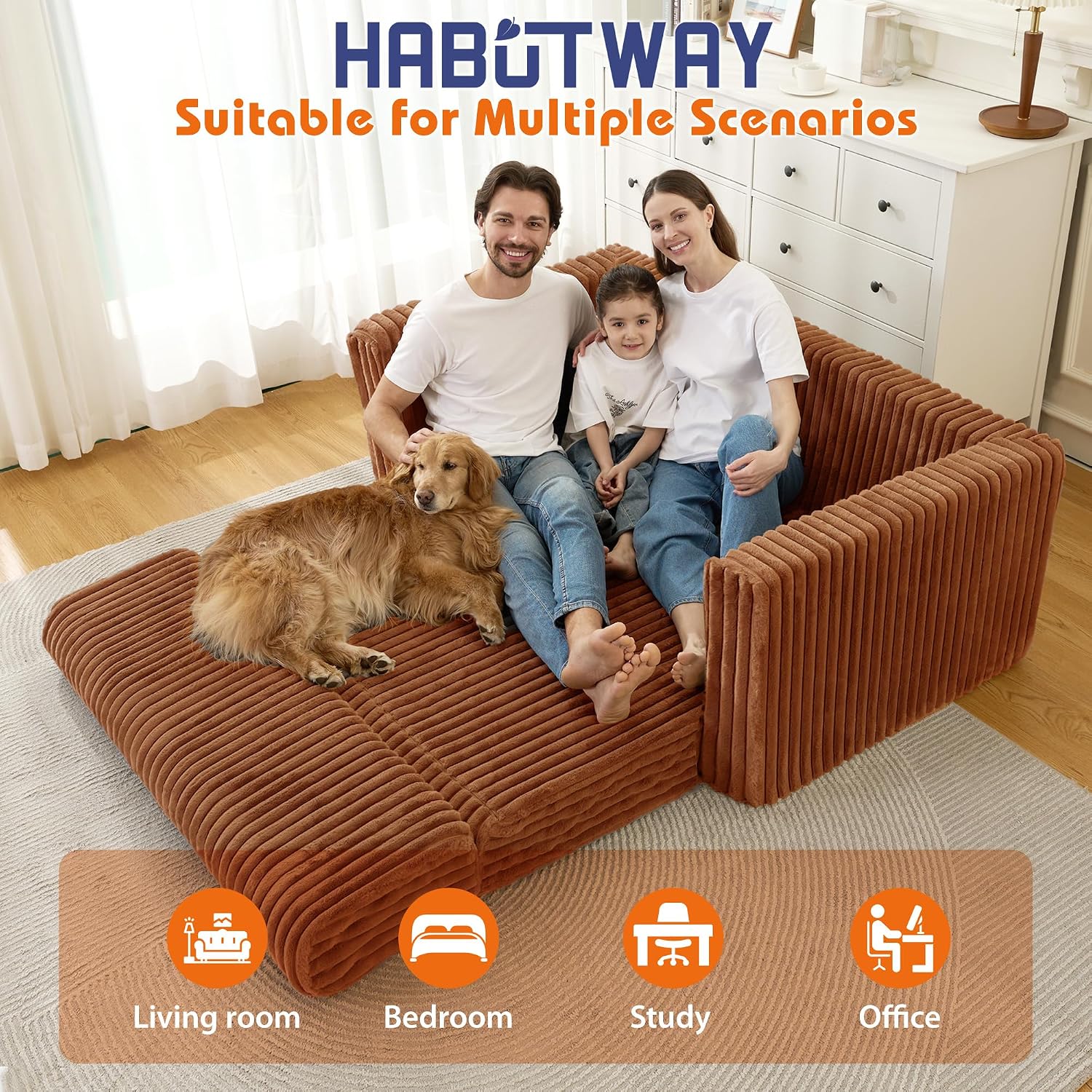 HABUTWAY Folding Sofa Bed, 2 in 1 Convertible Sleeper Chair with Armrest, Portable Fold Out Chair Bed, Comfy Floor Couch, Multi-Functional Lazy Sofa for Living Room Bedroom Dorm Home Office, Caramel