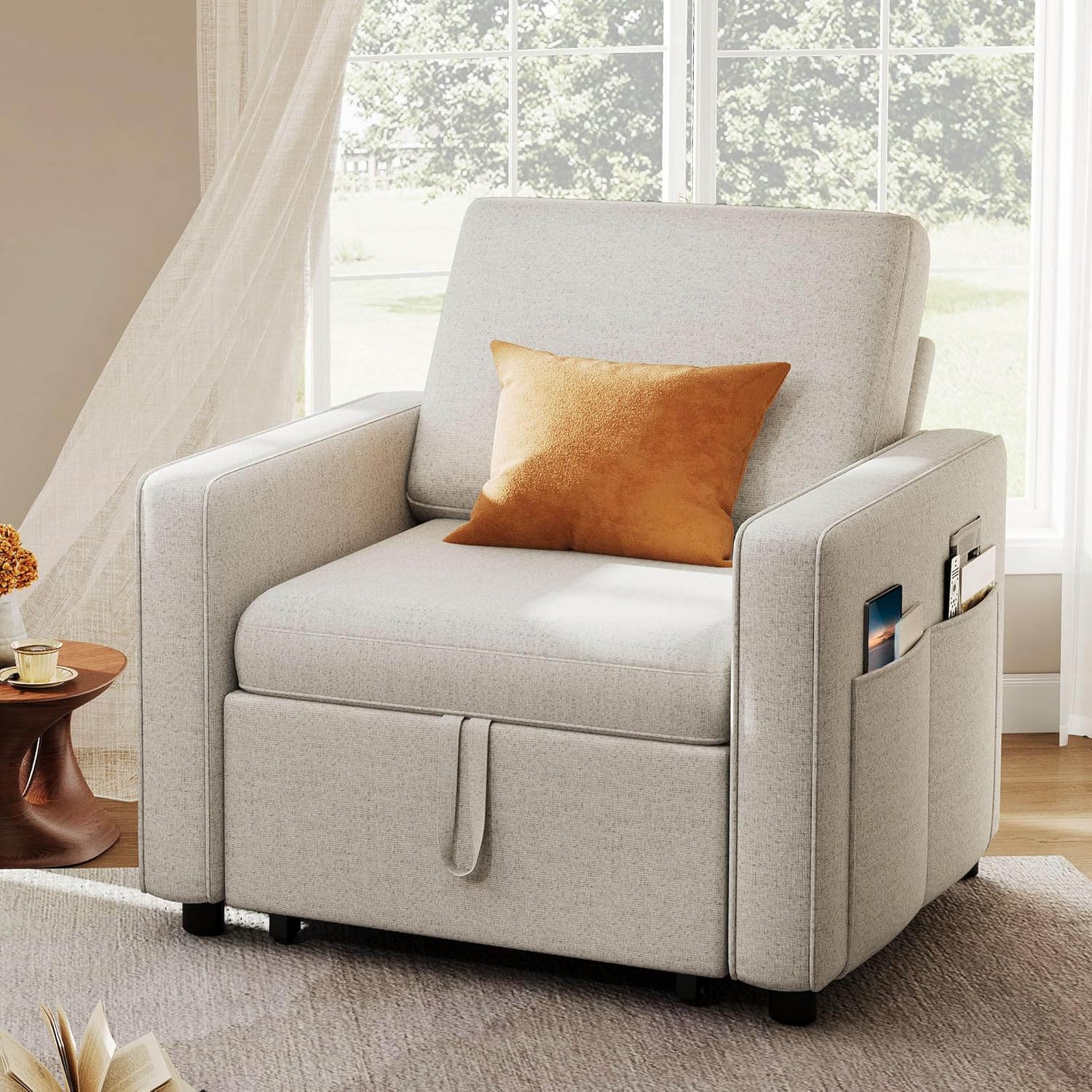 YITAHOME Convertible Sofa Chair Bed, 3-in-1 Linen Fabric Sleeper with Pull-Out Bed, Reclining Backrest & Wide Armrest, Beige