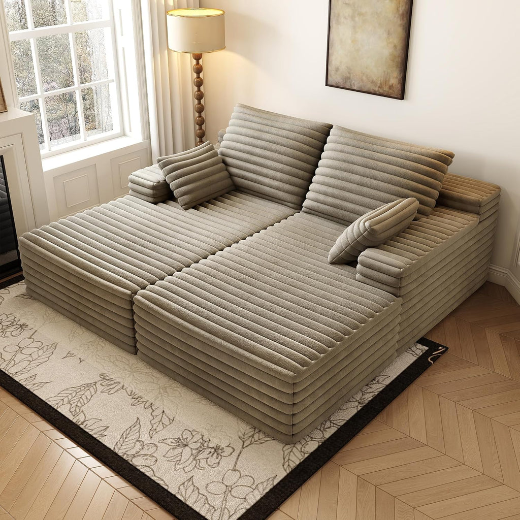 80' Oversized Double Lounge Chaise,Cloud Plush Sofa Bed,Upholstered Boneless Cloud Sofa Deep Seat,No Assembly Required,Modern Corduroy Sleeper Loveseat Chair for Living Room Bedroom Reading,Camel