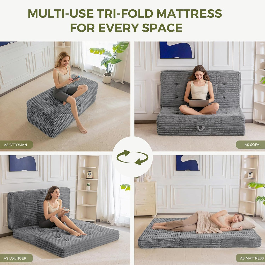 MAXYOYO Folding Sofa Couch Bed, 6 Inch Tri-Fold Floor Sofa Bed, Folding Mattress with Handles, Soft Faux Fur Folding Bed with Supportive Foam Filling, Portable Couch for Living Room, Twin, Grey