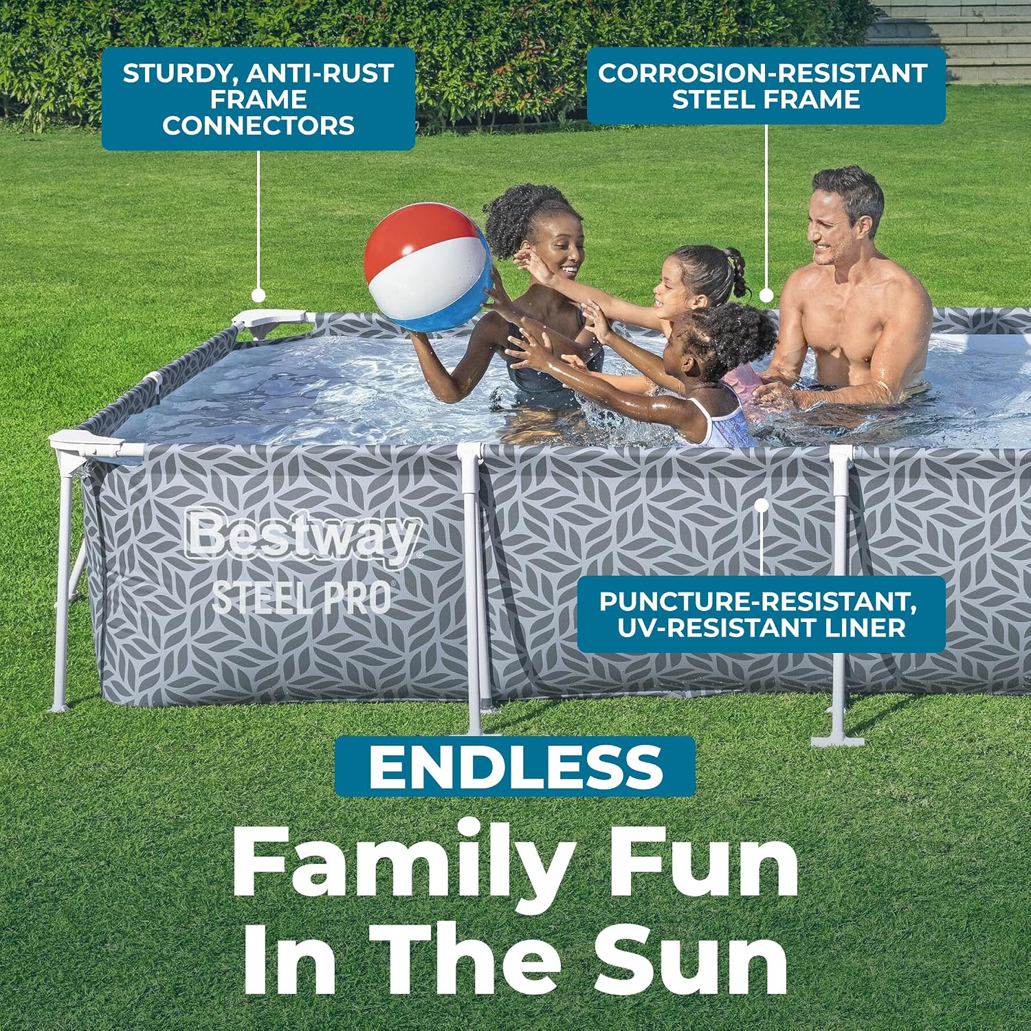 Bestway Steel Pro 12' x 6' 7' x 26' Rectangle Above Ground Outdoor Swimming Pool Set with DuraPlus Liner and FrameLink System, Gray
