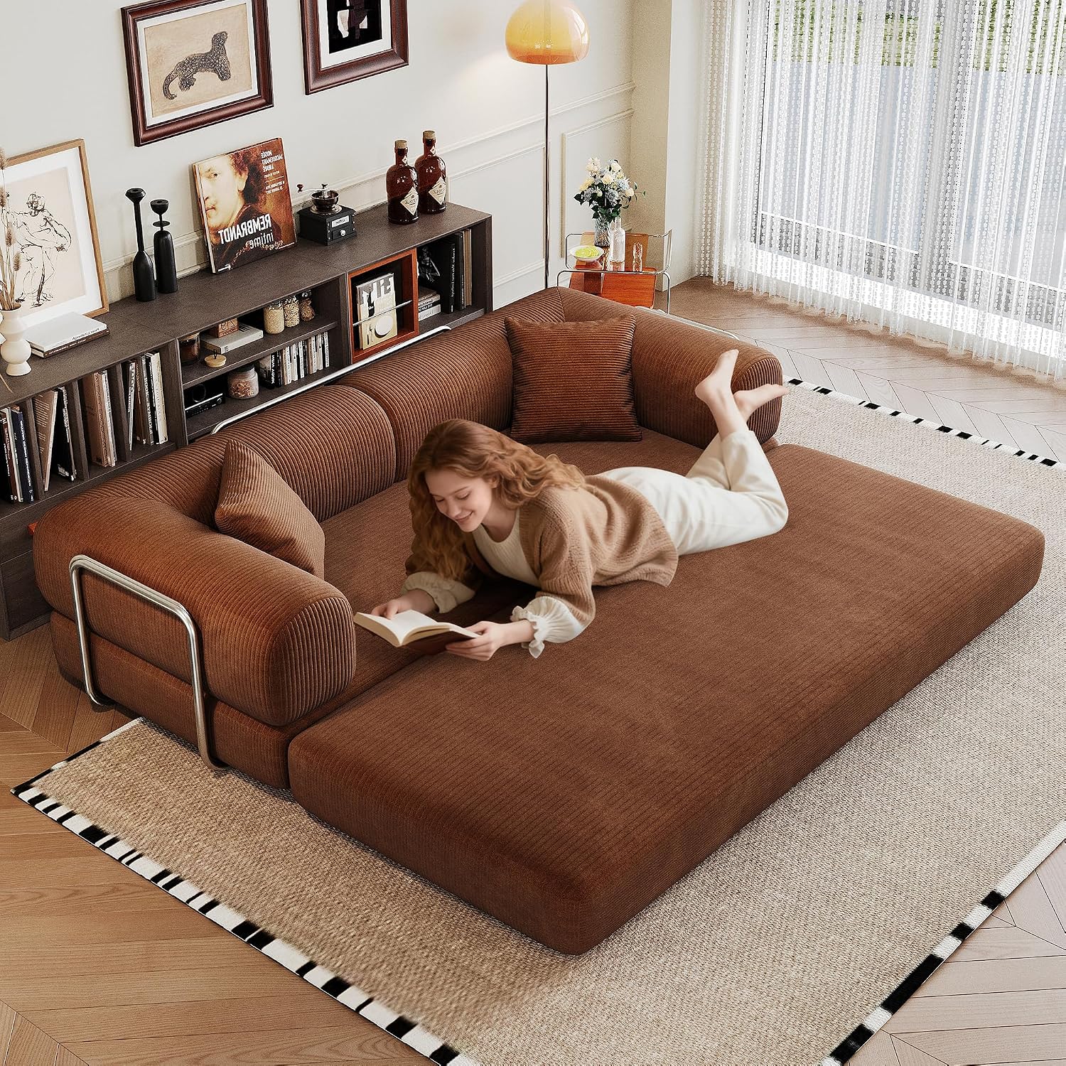 79' Convertible Sofa Bed, Corduroy Folding Pull Out Couch with Pillows, No Assembly Modern Boneless Couch Compression Sofa in Box, Floor Sofa with Support Rods for Living Room,Brown