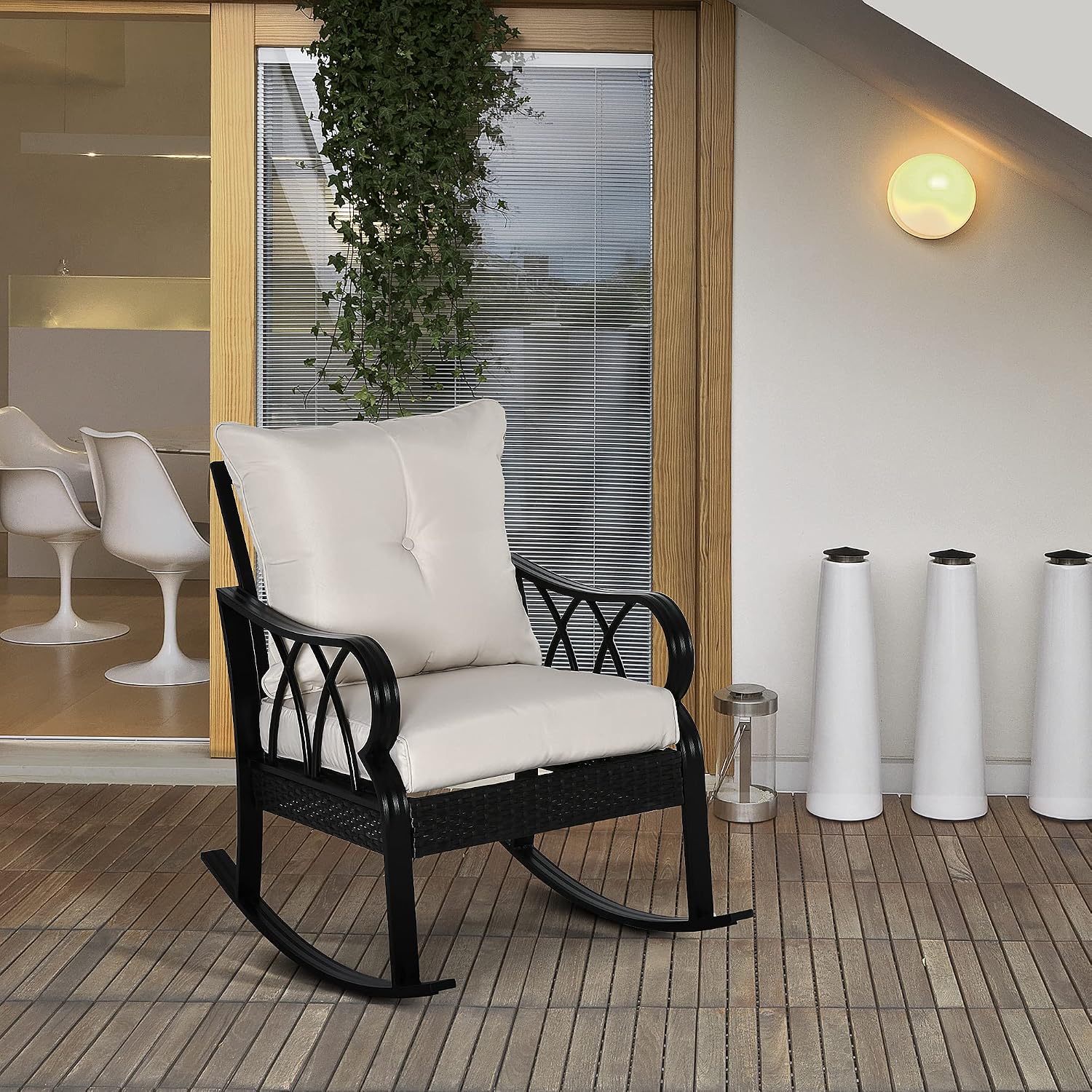 Outsunny Outdoor Wicker Rocking Chair with Padded Cushions, Aluminum Furniture Rattan Porch Rocker Chair w/Armrest for Garden, Patio, and Backyard, Khaki