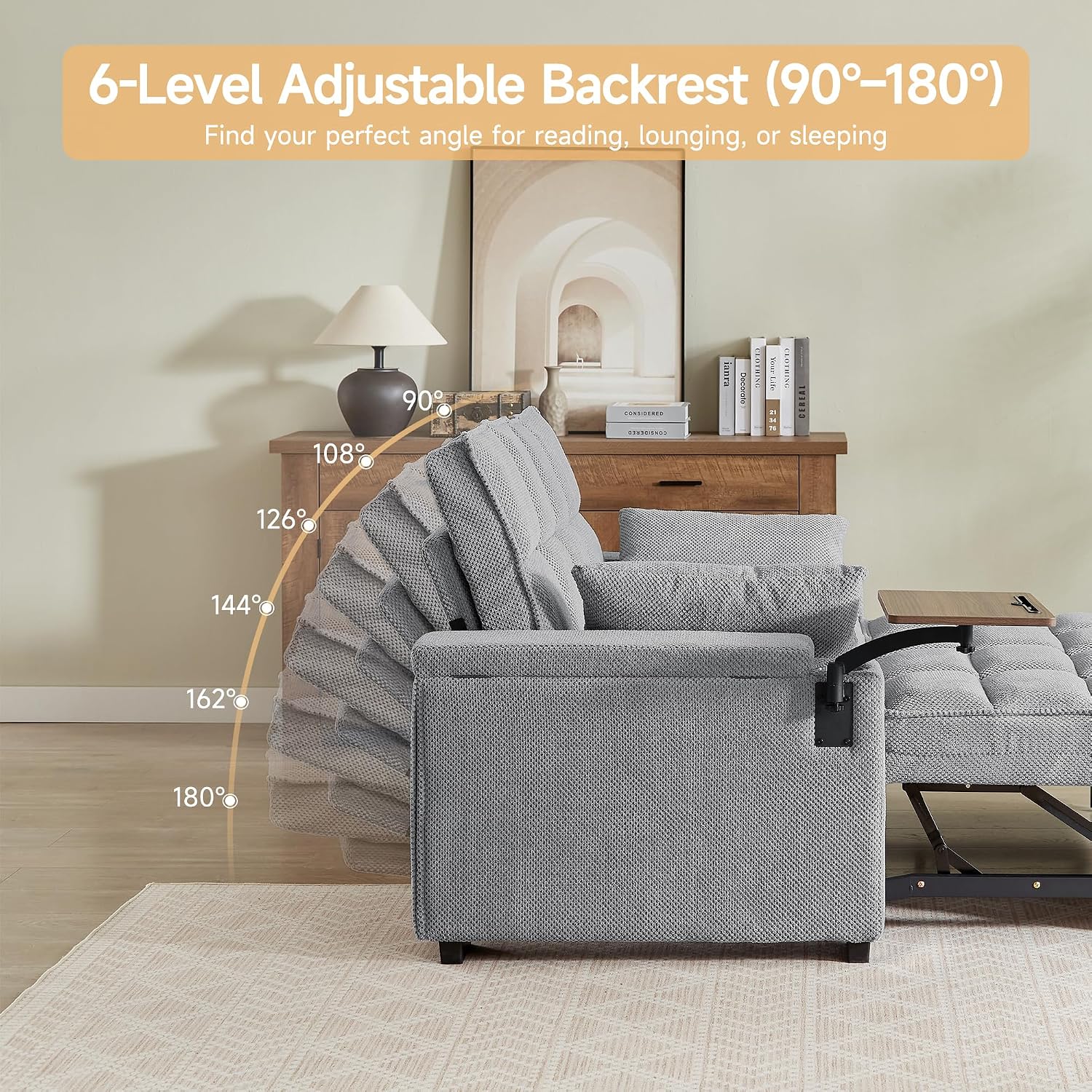 Auvsoce 65'' Chaise Lounge Chair Indoor, 3-in-1 Convertible Sofa Bed with Pull-Out Design, 360° Swivel Side Table, Modern Granular Velvet Couch Bed for Living Room, Small Space & Apartment-Friendly
