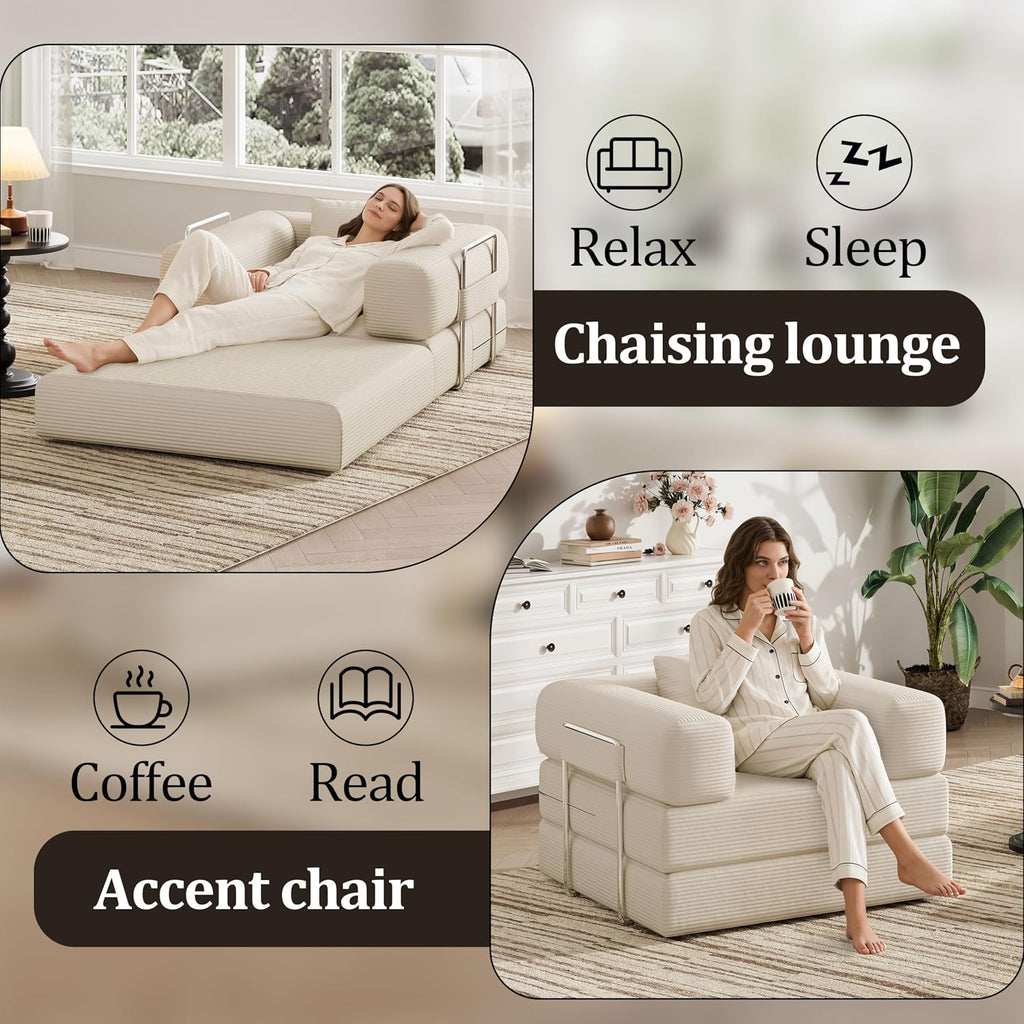 BSHOMGI Folding Sofa Bed, 2 in 1 Convertible Sofas to Lounger Comfy Single Bean Bag Chair Floor Portable Foldable Sleeper Lazy Futon Couch Chair for Bedroom, Living Room (Beige, 35.43' Single Sofa)