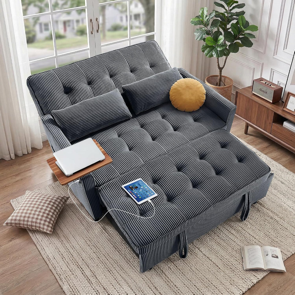 Sleeper Sofa Bed, 54'' Convertible Pull Out Couch with Small Table| USB Port | Side Pockets | Corduroy Fabric | Adjustable Backrest for Apartment, Office, Bedroom, Guest Room(Darkgray)