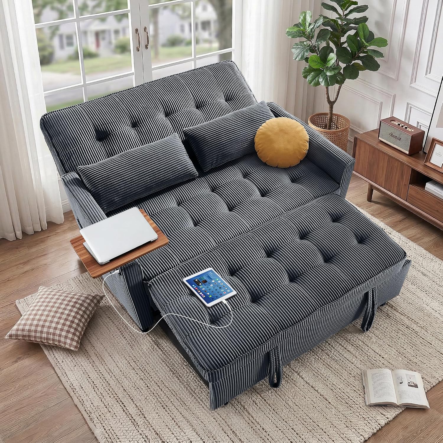 Sleeper Sofa Bed, 54'' Convertible Pull Out Couch with Small Table| USB Port | Side Pockets | Corduroy Fabric | Adjustable Backrest for Apartment, Office, Bedroom, Guest Room(Darkgray)