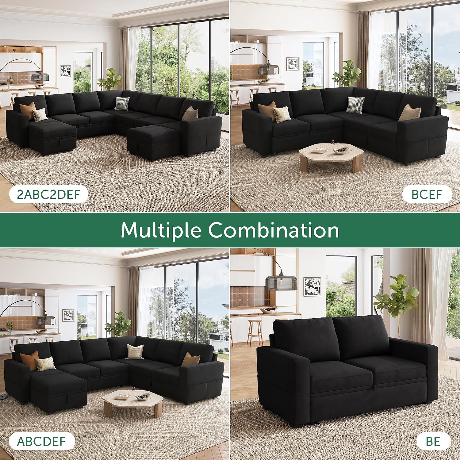 HONBAY Modular Sectional Sleeper Sofa with Pull-Out Bed, Velvet L-Shaped Sofa with Storage Seat, Sectional Sofas for the Living Room, Black