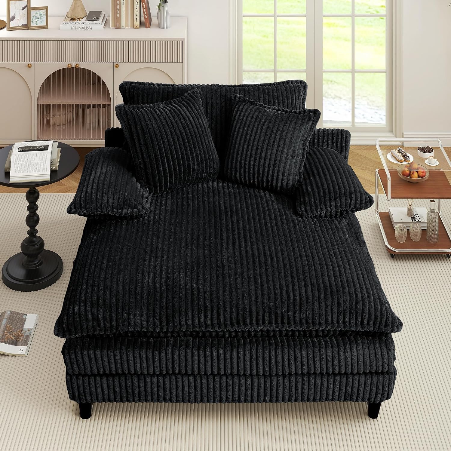 WESTSETLUX 54.8' W Oversized Chaise Lounge Chair Indoor with 5-Position Adjustable Backrest, Corduroy Sleeper Sofa Bed with 3 Pillows, Modern Cloud Couch Chair for Living Room, Bedroom, Black