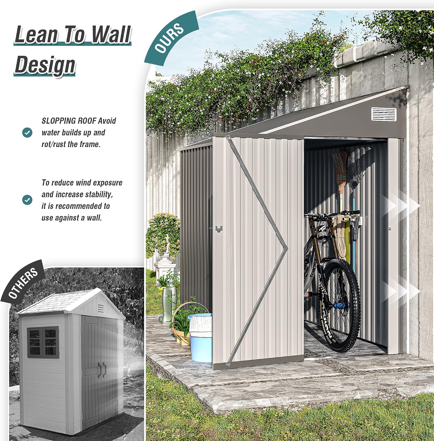 4x8 FT Metal Outdoor Storage Shed, Lean-to Garden Tool and Bike Shed with Lockable Door and Air Vents, Waterproof Sloped Roof Steel Utility Shed for Backyard, Patio,Lawn Equipment, Dark Gray