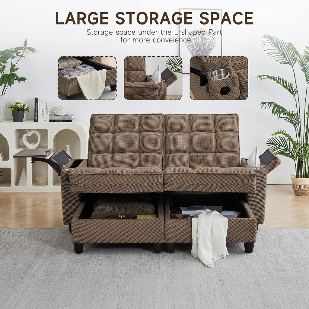 oaaktu 70.9'' Double Chaise Lounge with 360 Degree rotatable Side Table, Comfy Corduroy Indoor Lounge Chair with Armrest Storage, Cup Holder, USB Port, and Pillow for Living Room or Bedroom (Coffee)
