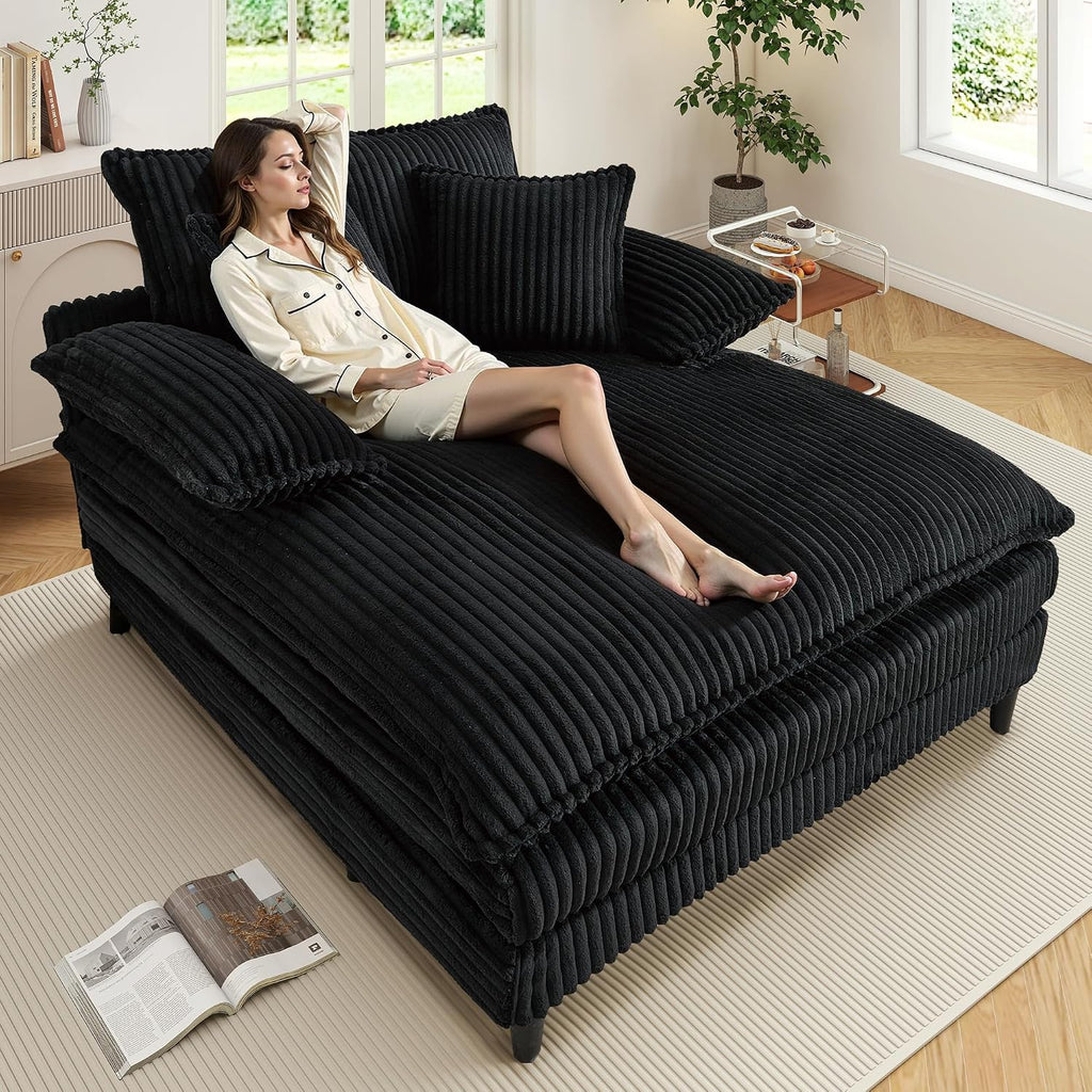 WESTSETLUX 54.8' W Oversized Chaise Lounge Chair Indoor with 5-Position Adjustable Backrest, Corduroy Sleeper Sofa Bed with 3 Pillows, Modern Cloud Couch Chair for Living Room, Bedroom, Black