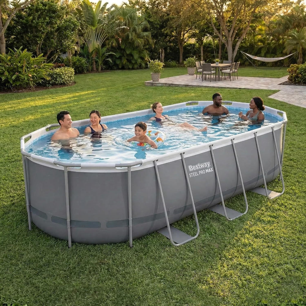 Bestway Steel Pro MAX 18' x 9' x 48' Above Ground Pool, Oval Metal Frame Outdoor Swimming Pool Set with Filter Pump, Ladder, and Cover, Gray