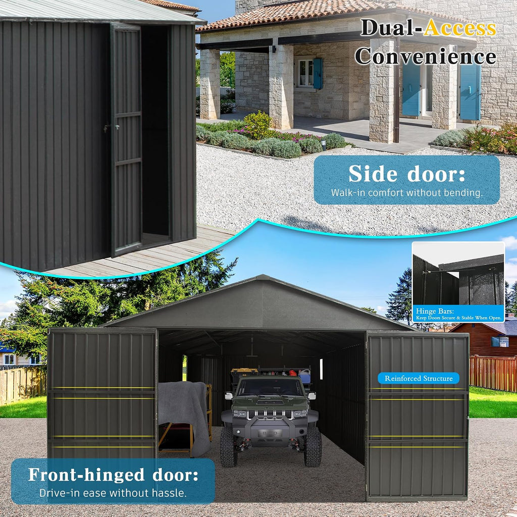 Domi 12x20FT Outdoor Garage Metal Shed, Extra Large Carport with Skylights & Dual-Entry, Backyard Storage Shed for Car, Truck, Lawn Mower and Tool, Dark Grey