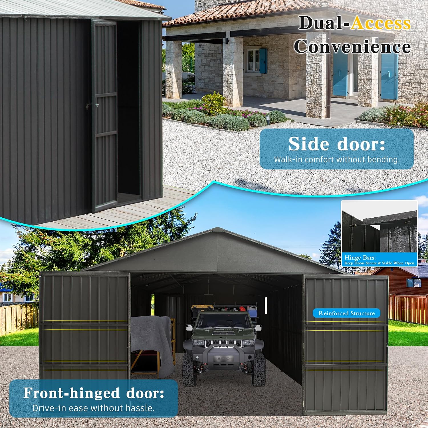 Domi 12x20FT Outdoor Garage Metal Shed, Extra Large Carport with Skylights & Dual-Entry, Backyard Storage Shed for Car, Truck, Lawn Mower and Tool, Dark Grey