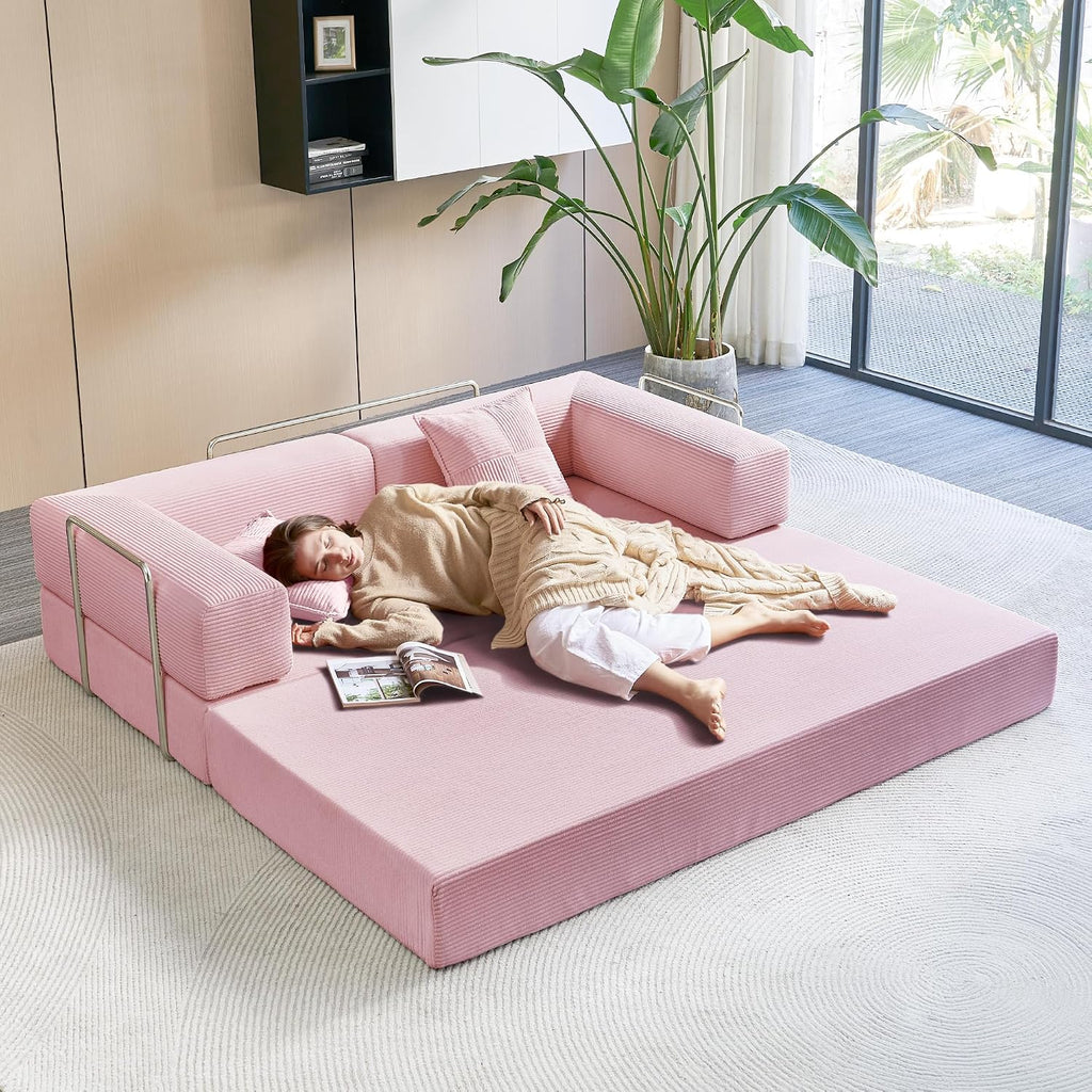 YINIX Foldable Sofa Bed, 78'' Folding Floor Couch, Compressed Convertable Sleeper Sofa, Memory Foam Couch with Pillow Back Support Armrest, 4-in-1 Futon Sofa Bed for Living Room, Pink
