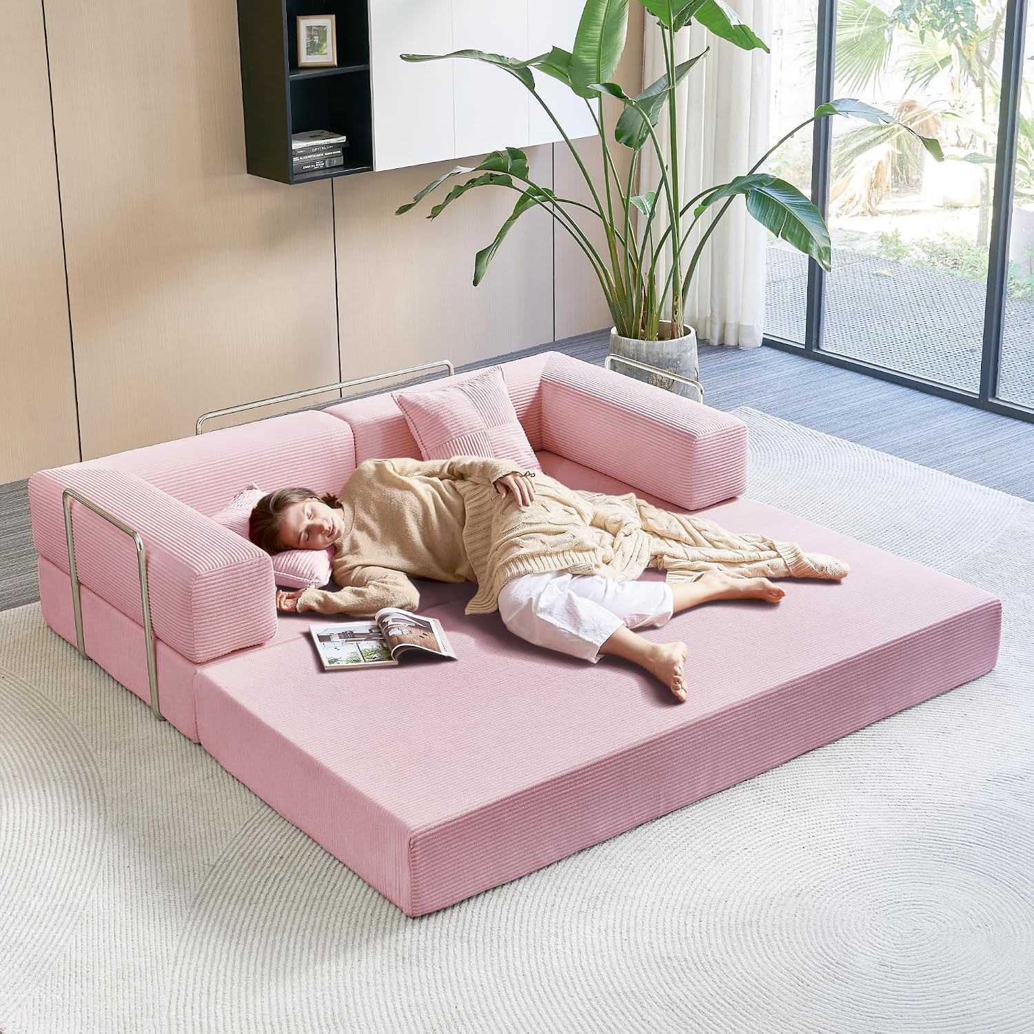 YINIX Foldable Sofa Bed, 78'' Folding Floor Couch, Compressed Convertable Sleeper Sofa, Memory Foam Couch with Pillow Back Support Armrest, 4-in-1 Futon Sofa Bed for Living Room, Pink