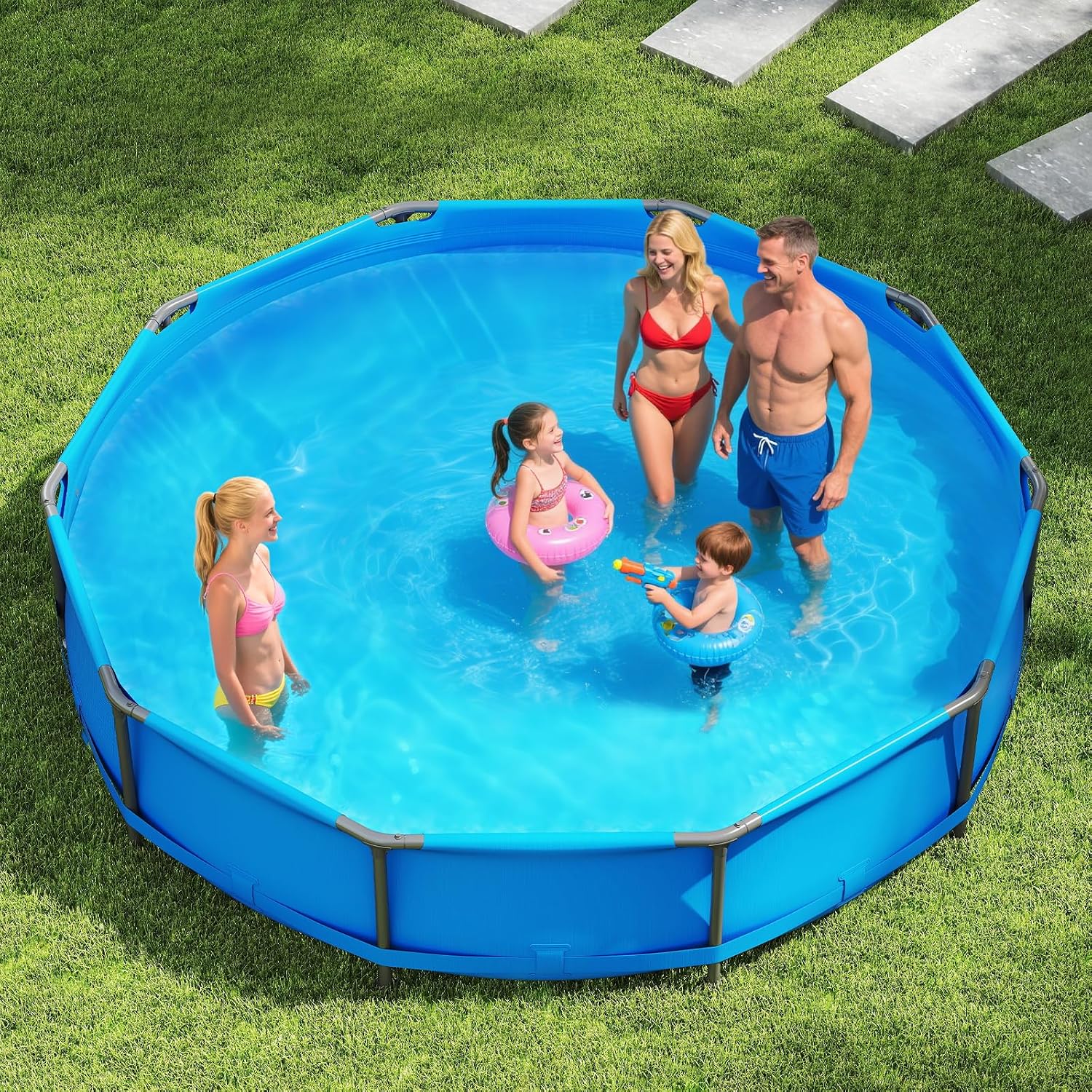 GYMAX 12ft x 30in Metal Frame Above Ground Swimming Pool, Outdoor Backyard Famliy Pool Set with Puncture-Resistant Fabric, Drainage Valve Connector for Kids & Adults (12' x 30', Round, Blue)