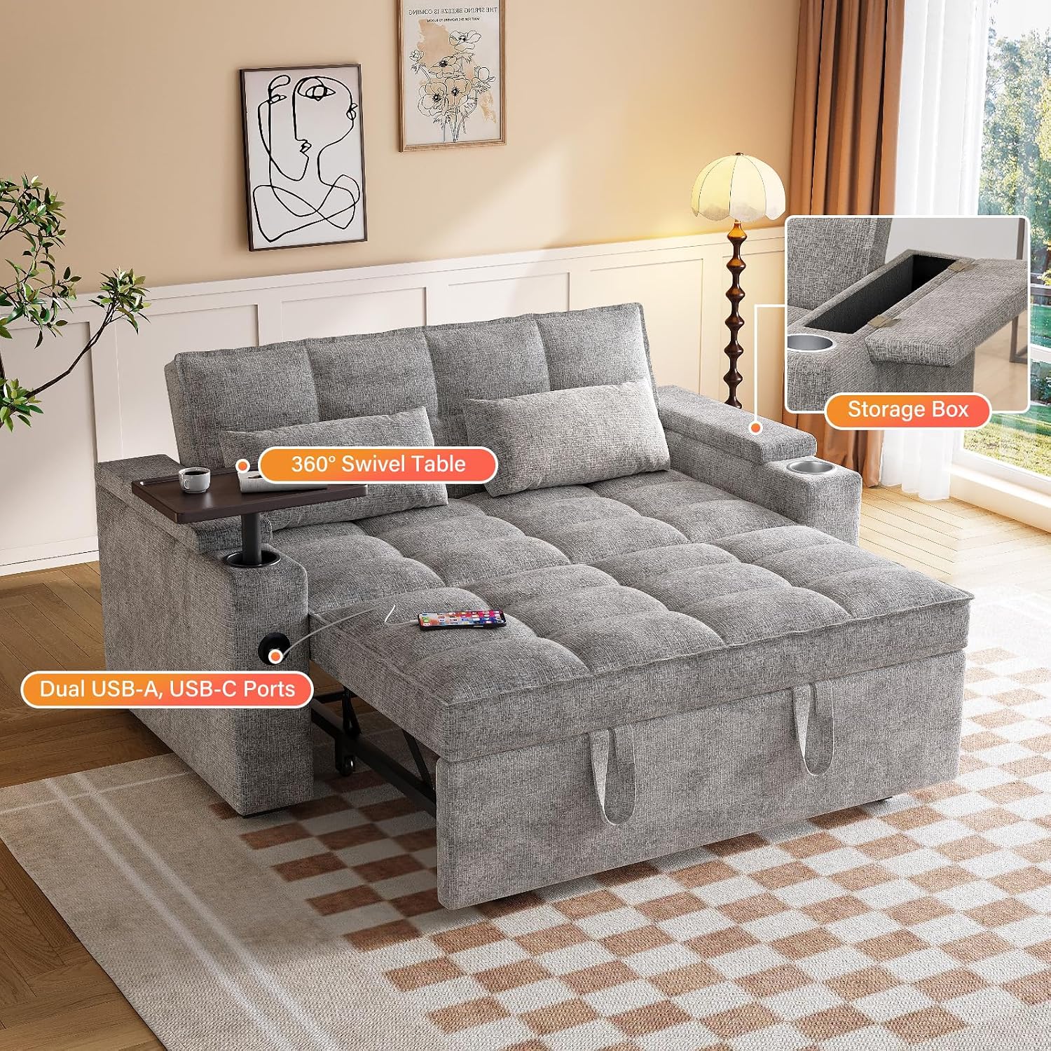65'' 3-in-1 Convertible Sofa Bed with Adjustable Backrest, Pull Out Sofa, Chenille Couch Sleeper 360° Swivel Side Table, Easy Assembly, for Living Room & Apartments, Gray