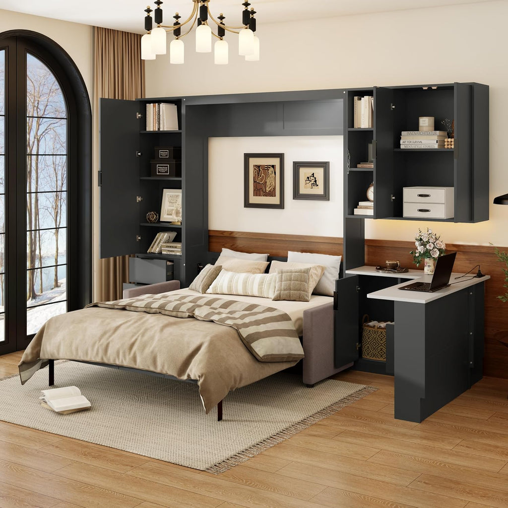 Merax Farmhouse Multi-Functional Murphy Bed with Sofa, Desk & Storage Cabinet,Solid Wood Foldable Wall Bed with/w/USB Charging Station Space Saving/No Box Spring Needed/Queen, Gray +Beige