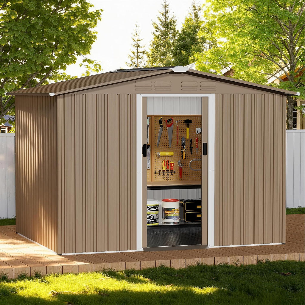 8FT x 6FT Outdoor Storage Shed with Floor,Waterproof Lockable Door Metal Tool Shed with Sliding Door and Air Vents,Storage House for Gardening Tools,Metal Storage Shed for Garden,Backyard,Lawn