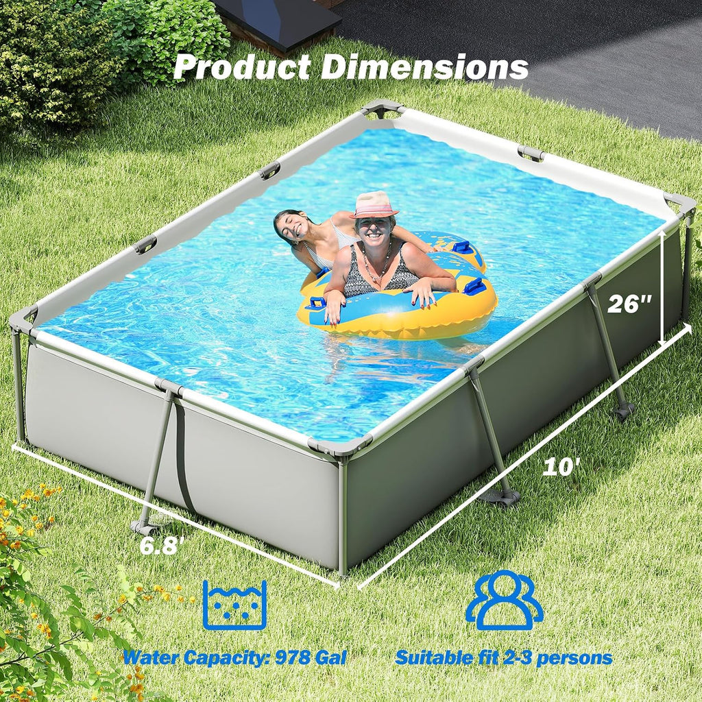 Goplus Above Ground Swimming Pool, 10'x6.8'x26'' Metal Frame Pool Set w/PVC Fabric, 3 Stoppers, Drainage Valve Connector, for Outdoor, Backyard, Garden, Patio (10' x 6.8' Rectangle, 978 Gal, Grey)