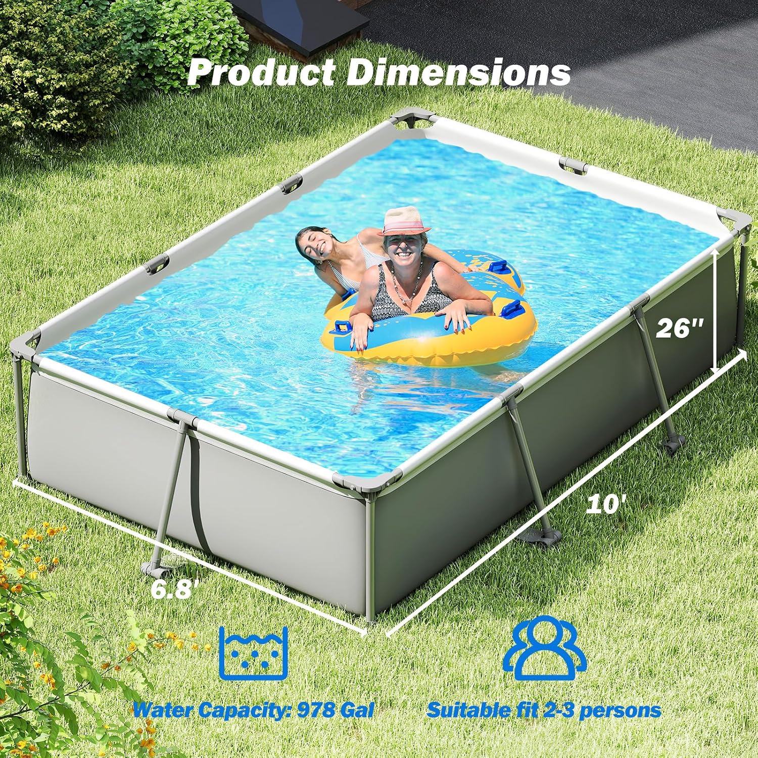 Goplus Above Ground Swimming Pool, 10'x6.8'x26'' Metal Frame Pool Set w/PVC Fabric, 3 Stoppers, Drainage Valve Connector, for Outdoor, Backyard, Garden, Patio (10' x 6.8' Rectangle, 978 Gal, Grey)