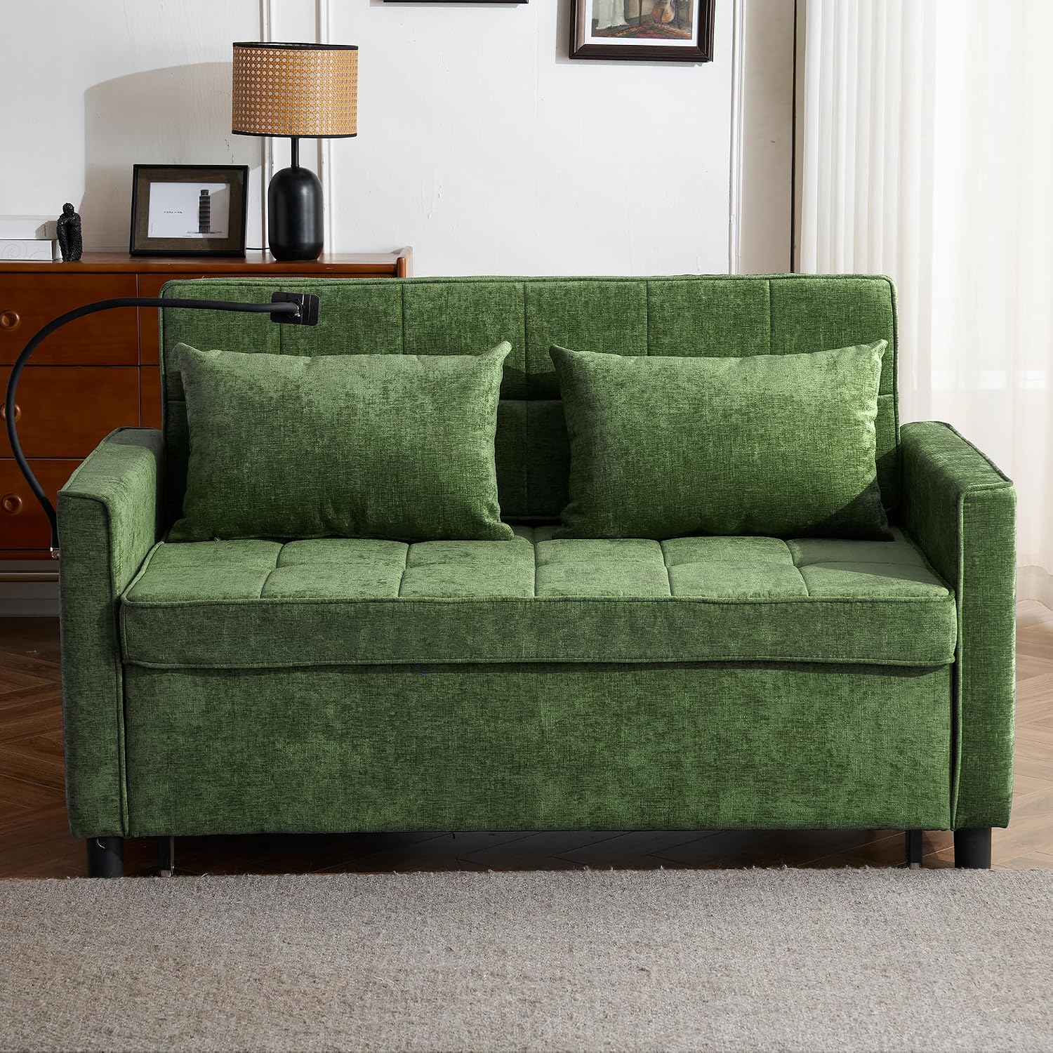 Merax 3 in 1 Convertible Sleeper Sofa Bed, Futon Couches for Living Room with USB Ports | Phone Holder| Reversible Backrest | Pull Out Couch |Small Loveseat, Green