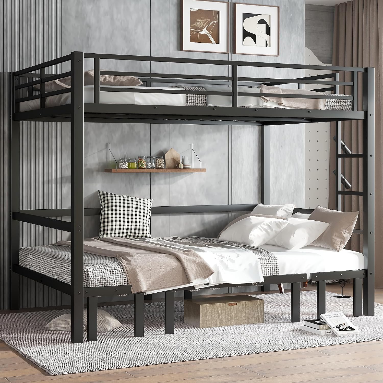 Harper & Bright Designs Queen Over Queen Metal Bunk Bed with Couch, Heavy Duty Bunk Bed Frame with Sofa, Lower Bed Can Be Pulled Out in Three Sections, Black