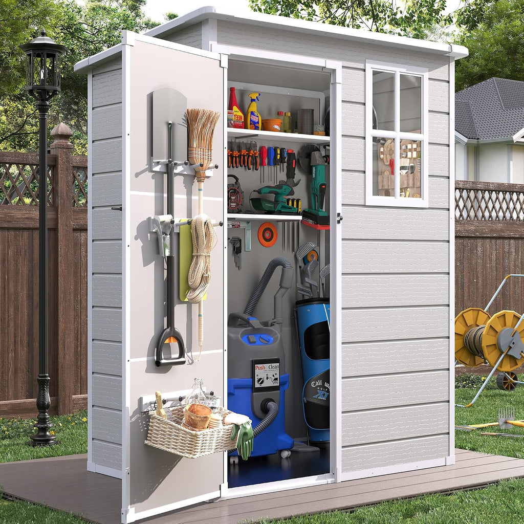 Resin Outdoor Storage Shed with Floor, 5x3FT Plastic Garden Shed, Lockable Door & Window, Waterproof Tool Shed for Bike, Garbage Can, Lawn Mower, Patio Furniture Bedge