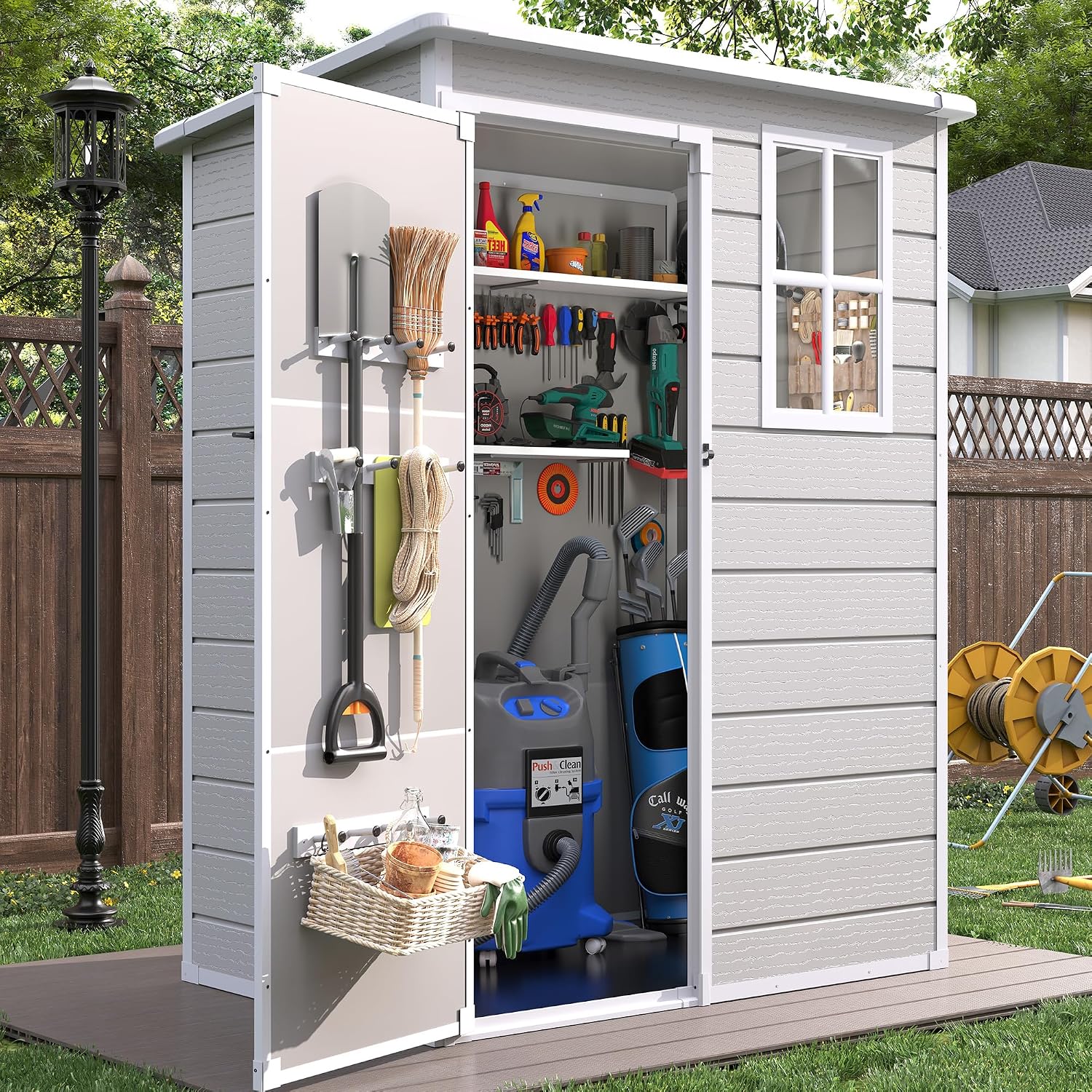 Resin Outdoor Storage Shed with Floor, 5x3FT Plastic Garden Shed, Lockable Door & Window, Waterproof Tool Shed for Bike, Garbage Can, Lawn Mower, Patio Furniture Bedge