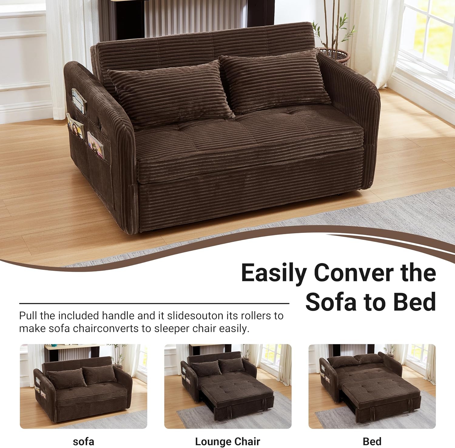 55.5' Corduroy Convertible Sofa Bed, Pull Out Sleeper Sofa Bed, Loveseat Couch with USB Charging Ports, 3 in 1 Convertible Sleeper Sofa Bed for Living Room, Apartment, Bedroom, RV, Beige