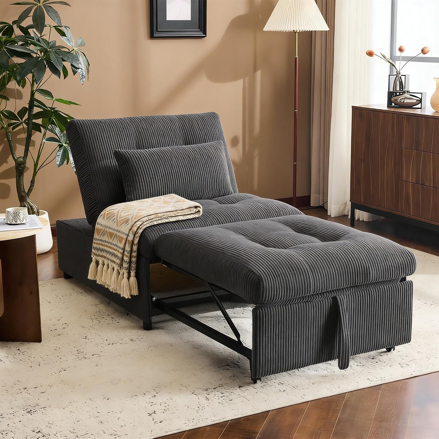 4-in-1 Convertible Sleeper Chair Bed with Adjustable Backrest Pillows Futon Sofa Bed with Side Pocket Sleeper Sofa Chair Pull Out Couches for Living Room Small Space, Charcoal