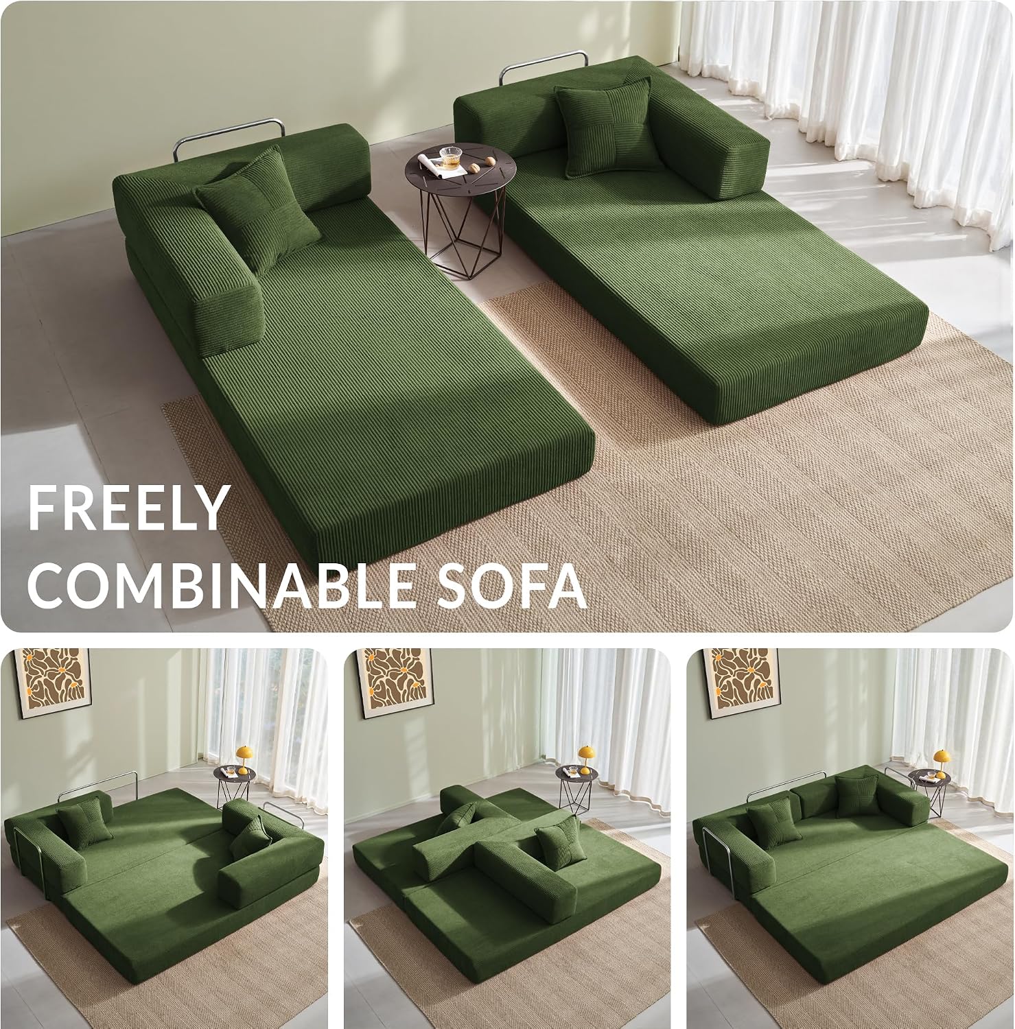 YINIX Foldable Sofa Bed, 78'' Folding Floor Couch, Compressed Convertable Sleeper Sofa, Memory Foam Couch with Pillow Back Support Armrest, 4-in-1 Futon Sofa Bed for Living Room, Green