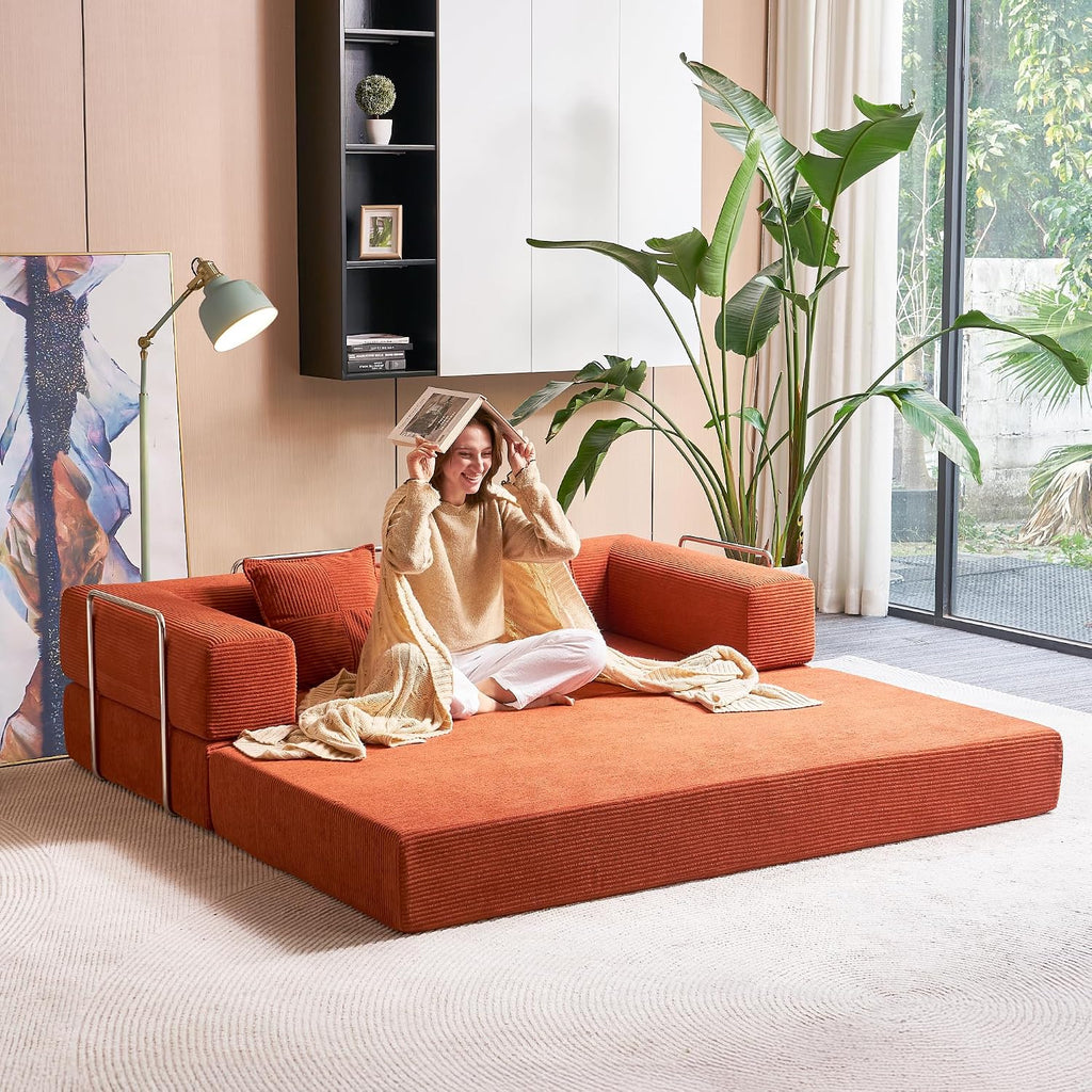 YINIX Foldable Sofa Bed, 78'' Folding Floor Couch, Compressed Convertable Sleeper Sofa, Memory Foam Couch with Pillow Back Support Armrest, 4-in-1 Futon Sofa Bed for Living Room, Orange