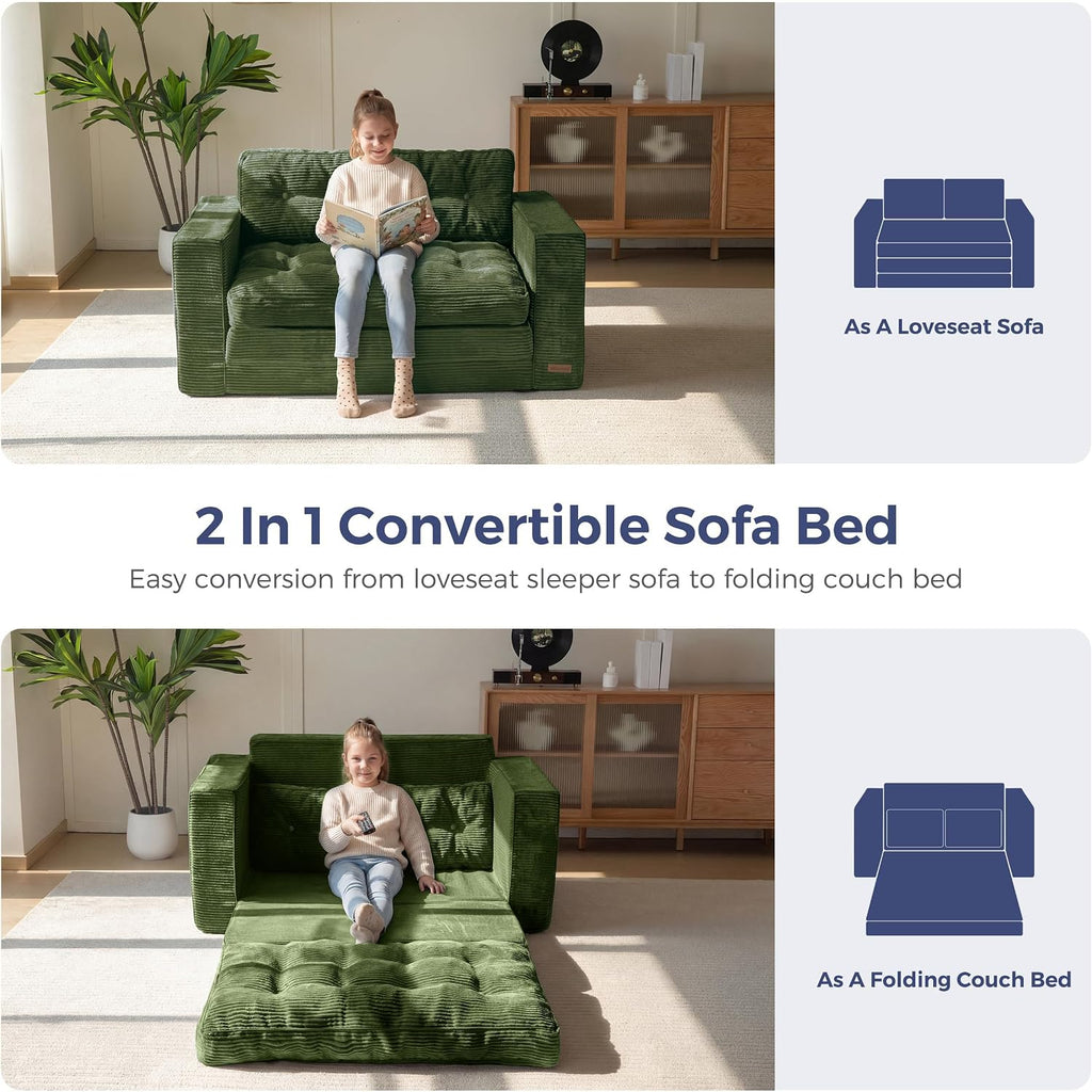 MAXYOYO Convertible Sofa Bed, Pull Out Loveseat Sleeper Sofa, 2 in 1 Folding Couch Bed, Fold Out Floor Couch with Pillows for Living Room Bedroom Lounge, Dark Green